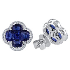 1.9 Carat Blue Sapphire Clover Stud Earrings with Diamond Halo in 18k White Gold
