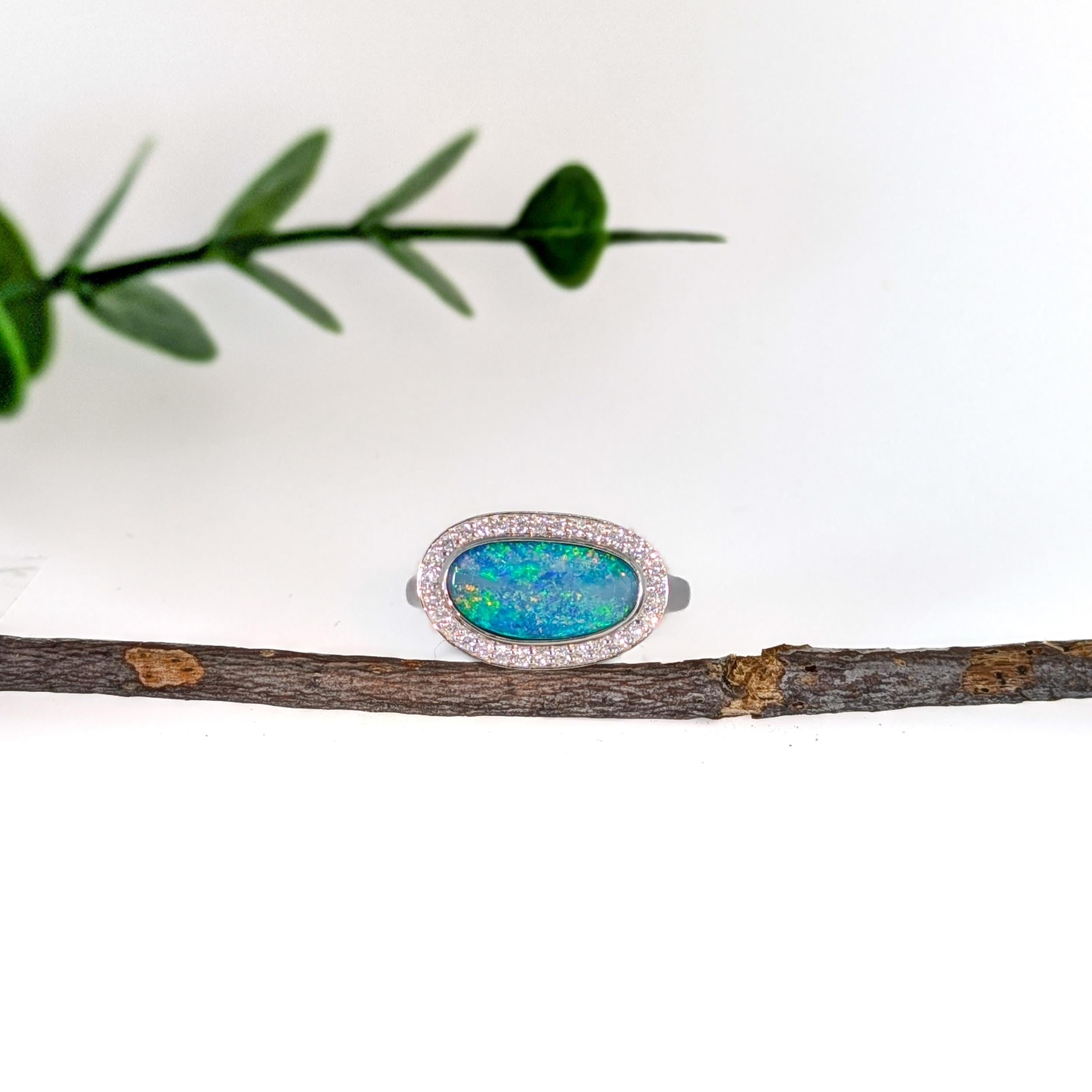 Art Deco 1.9 Carat Boulder Opal Ring w Natural Diamond Halo in 14K Gold  Fancy 13x6.6mm For Sale