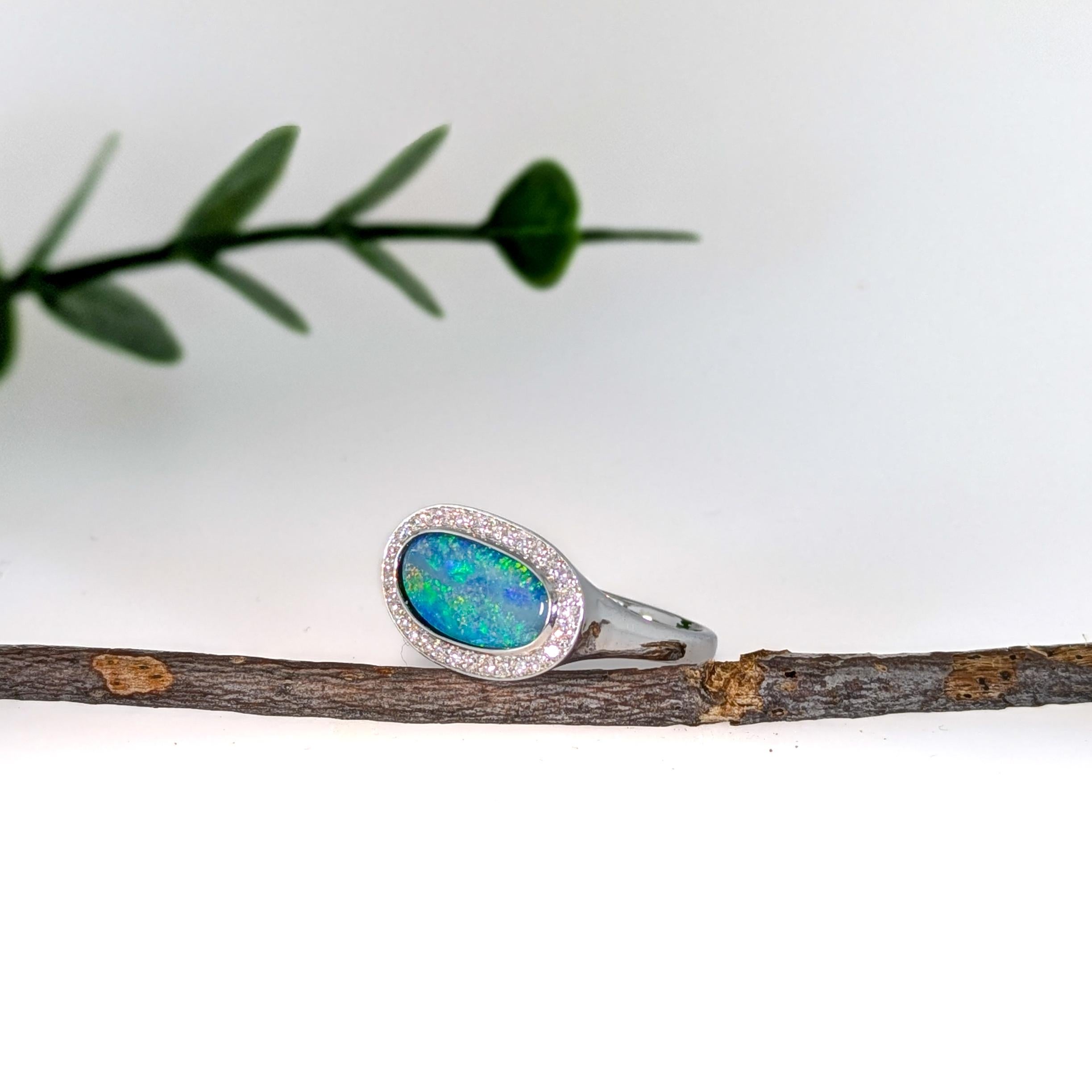 Oval Cut 1.9 Carat Boulder Opal Ring w Natural Diamond Halo in 14K Gold  Fancy 13x6.6mm For Sale