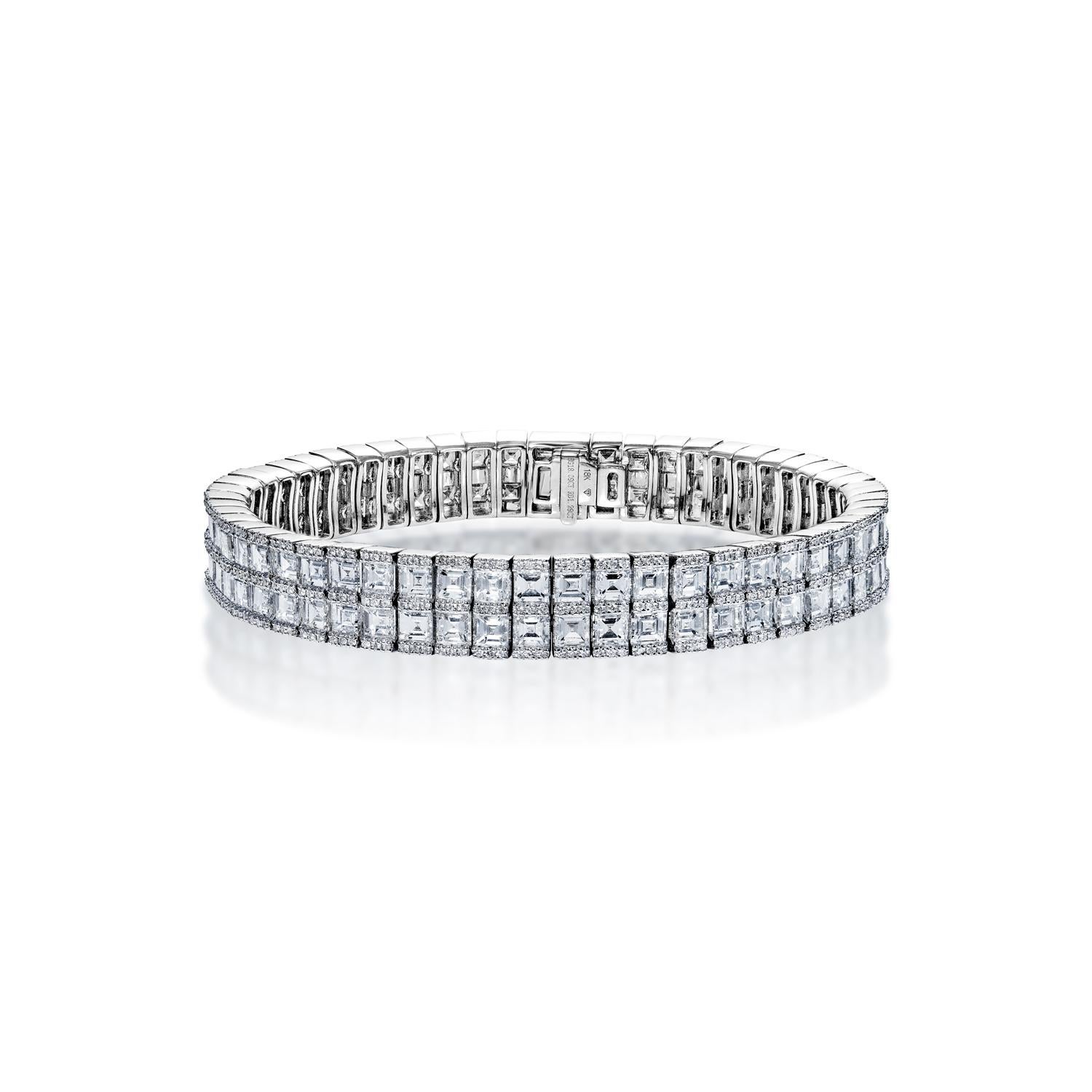 Style: Diamond 2 Row Bracelet
Diamonds
Diamond Size: 19.38 Carats
Diamond Shape: Combine Mixed Shape


Setting: Miracle Set
Metal: 18K White Gold
Metal Weight: 31.97 Grams
Clasp: Box catch with hidden safety

Total Carat Weight: 19.38 Carats