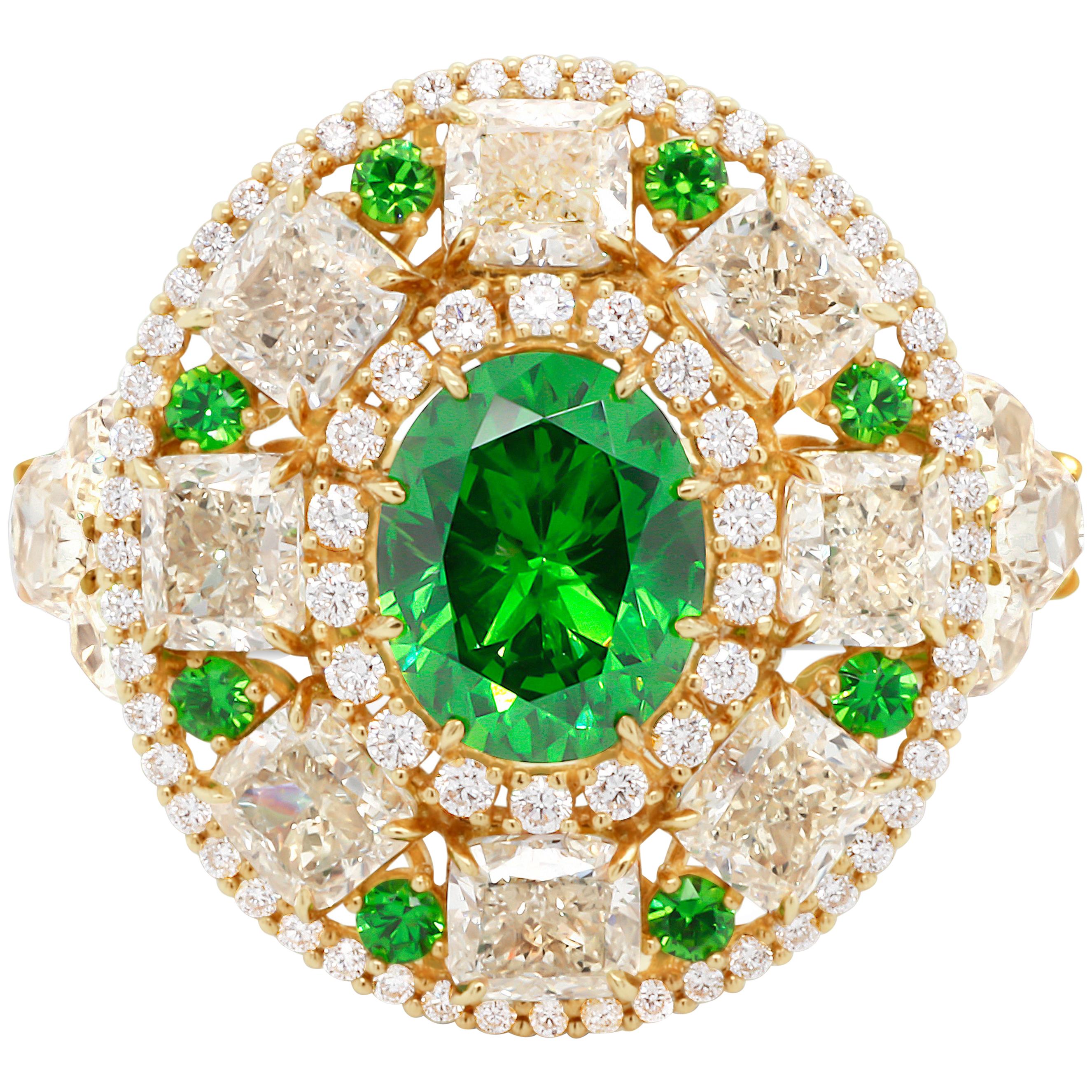 Russian Demantoid 18 K Yellow Gold White Diamond Cocktail Ring For Sale