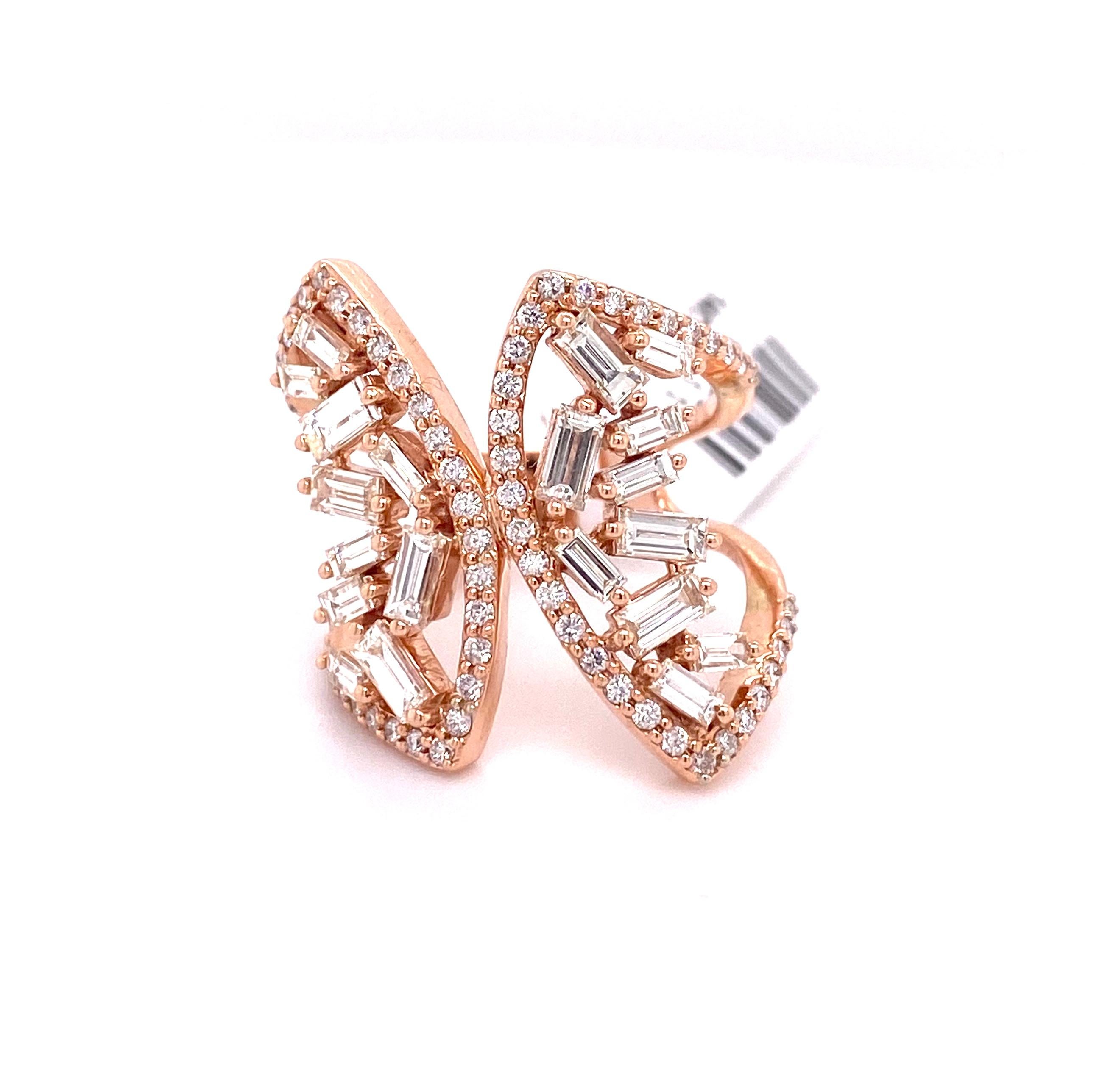 1.9 Carat Diamond and Baguette Fashion Ring in 14K Rose Gold 
Ring Size 6 1/2 US
B: 1.5CT / D: 0.48CTW
Weight: 6.1 Grams