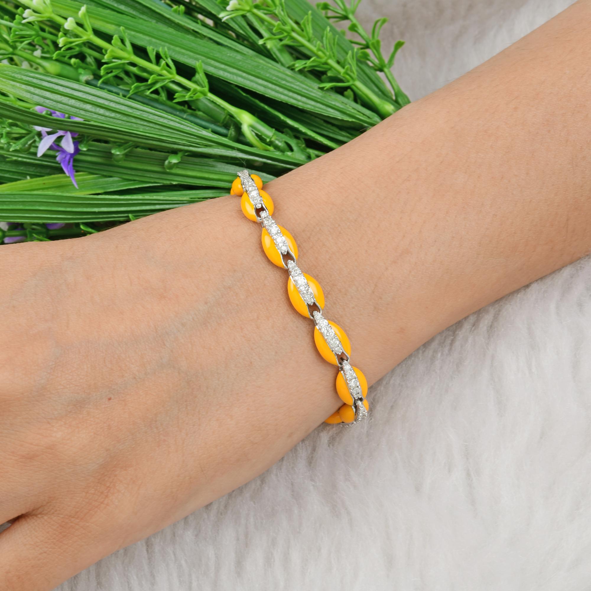 Modern 1.9 Carat Diamond Yellow Enamel Cowrie Shell Bracelet 10 Kt White Gold Jewelry For Sale