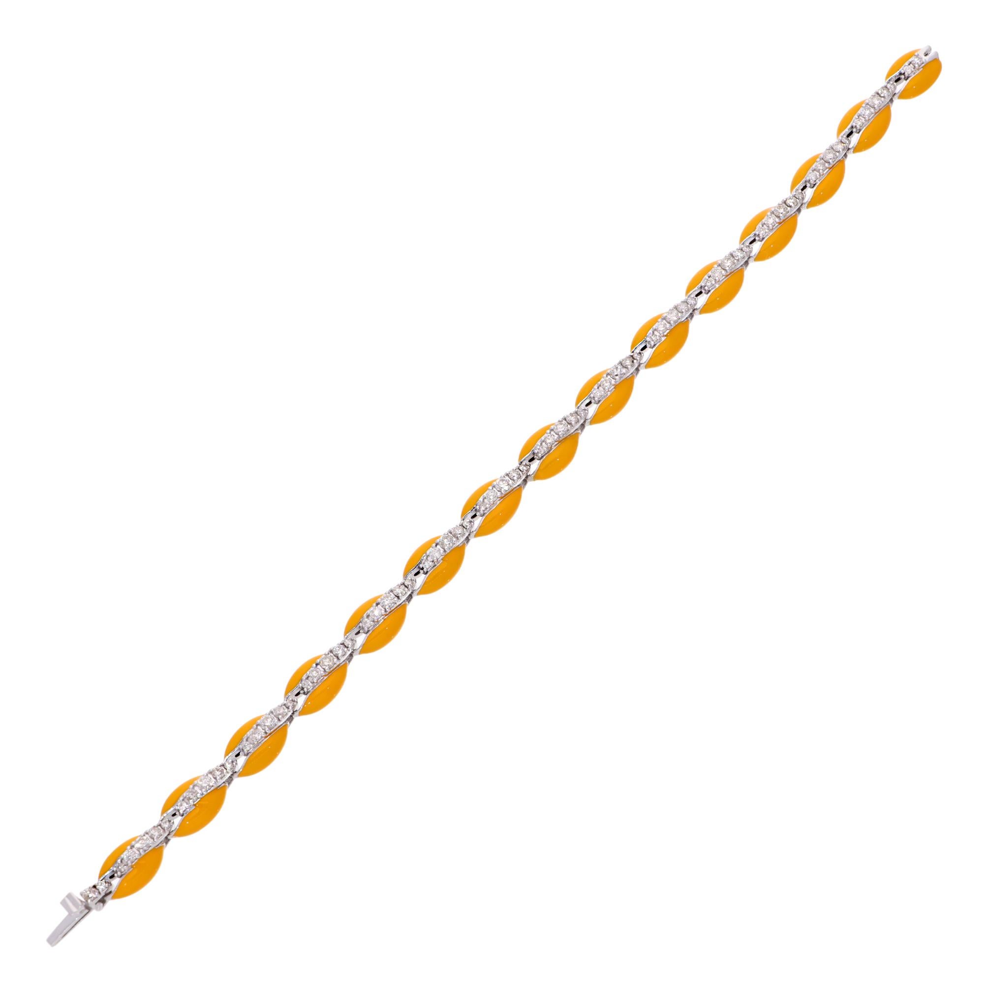 Baguette Cut 1.9 Carat Diamond Yellow Enamel Cowrie Shell Bracelet 10 Kt White Gold Jewelry For Sale