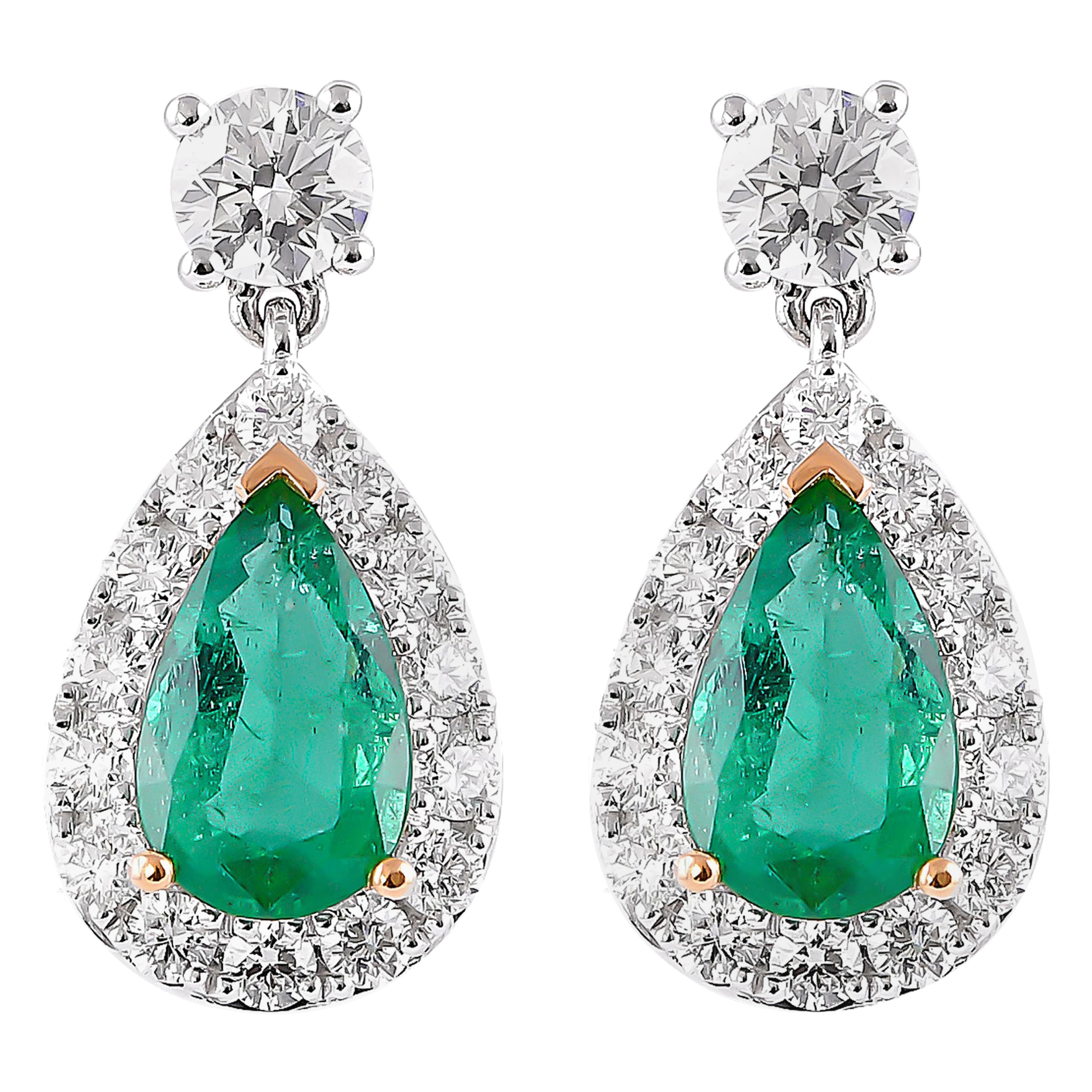 1.9 Carat Emerald and Diamond Earrings in 18 Karat White Gold For Sale