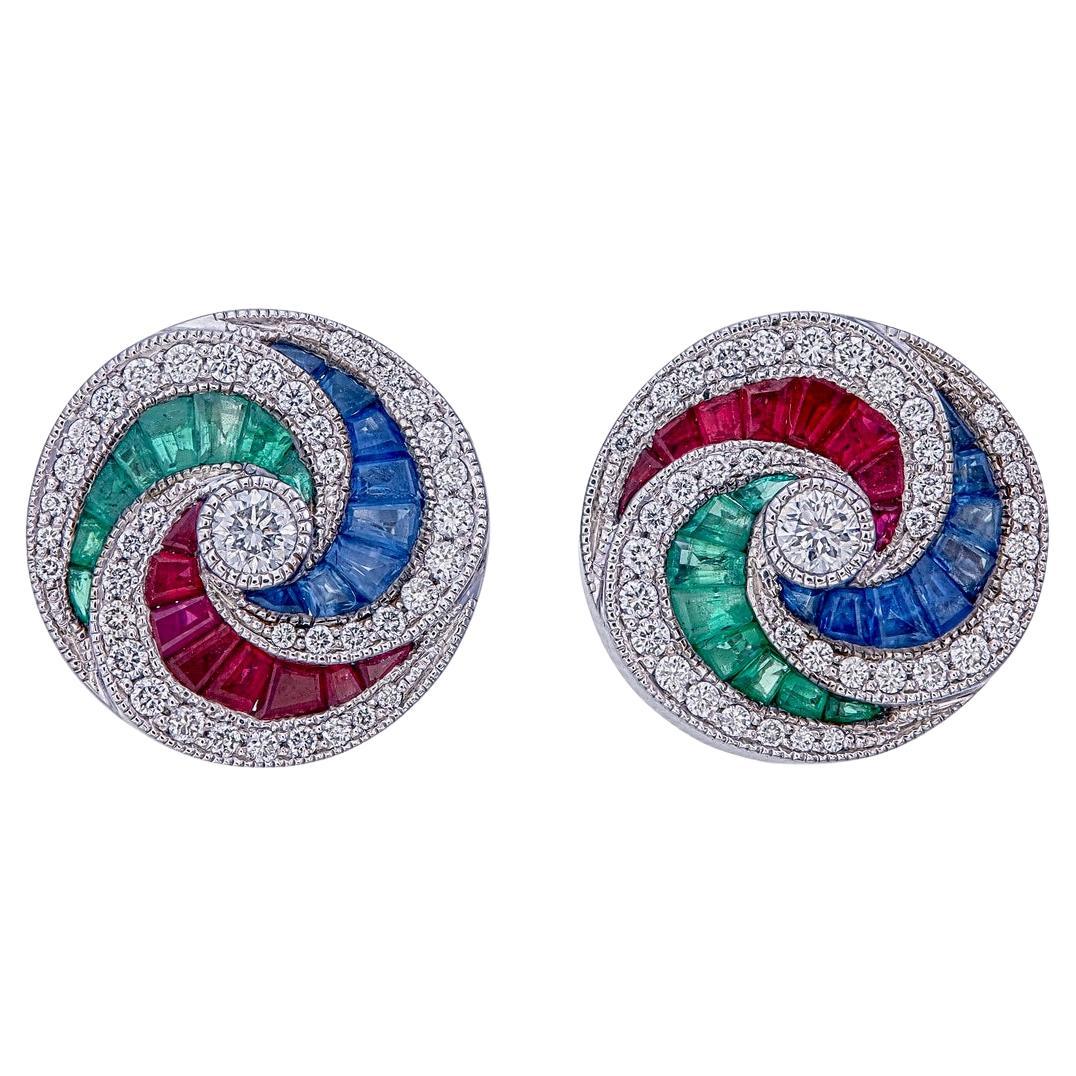 1.9 Carat Emerald, Blue Sapphire, and Ruby Earring in 18 Karat Gold