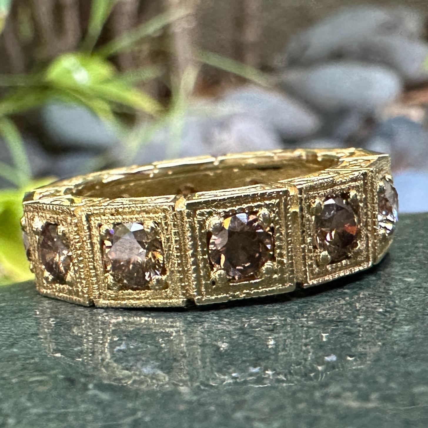 Brilliant Cut 1.9 Carat Eternity Ring in Yellow Gold with Twelve Mixed Brown & White Diamonds  For Sale