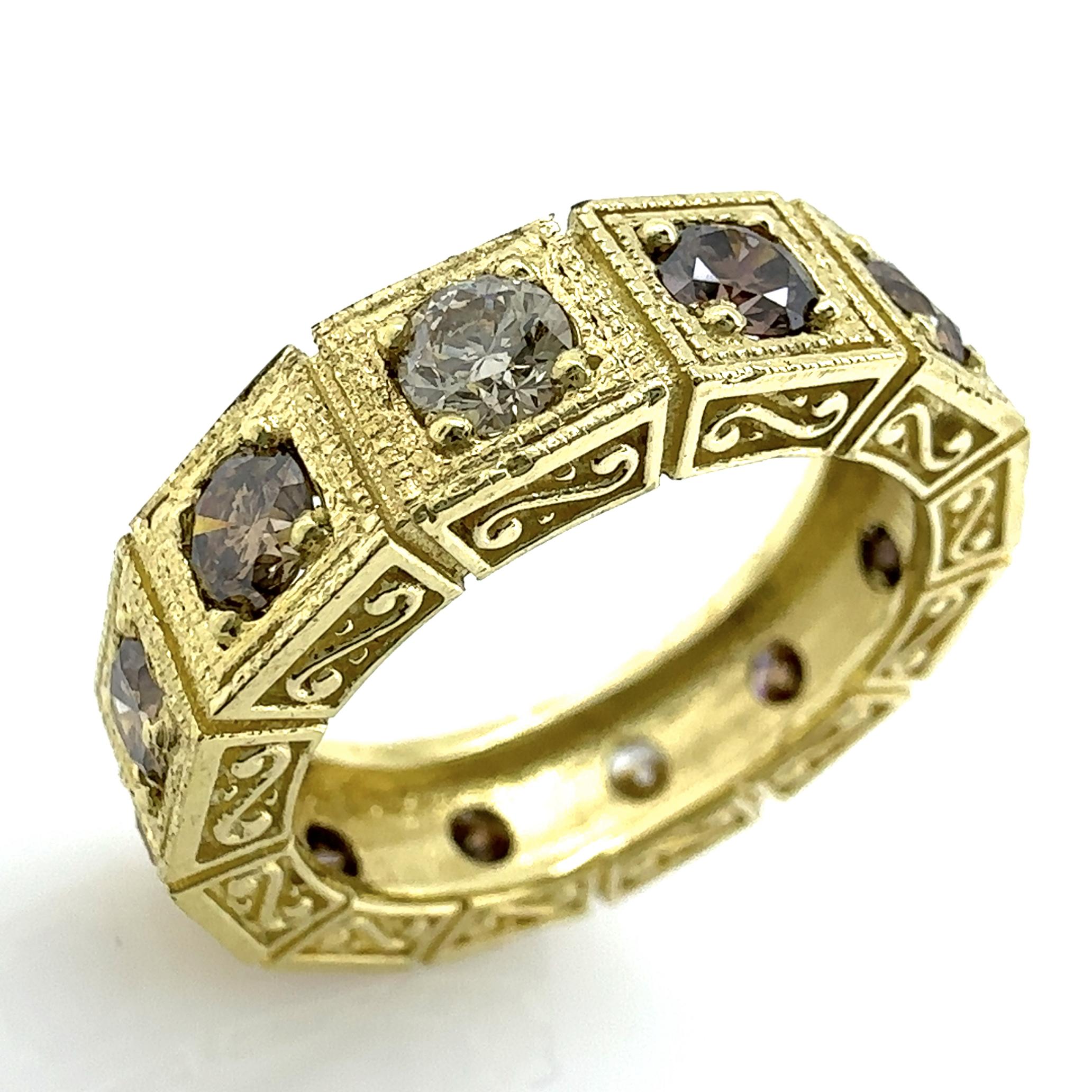 1.9 Carat Eternity Ring in Yellow Gold with Twelve Mixed Brown & White Diamonds  For Sale 2