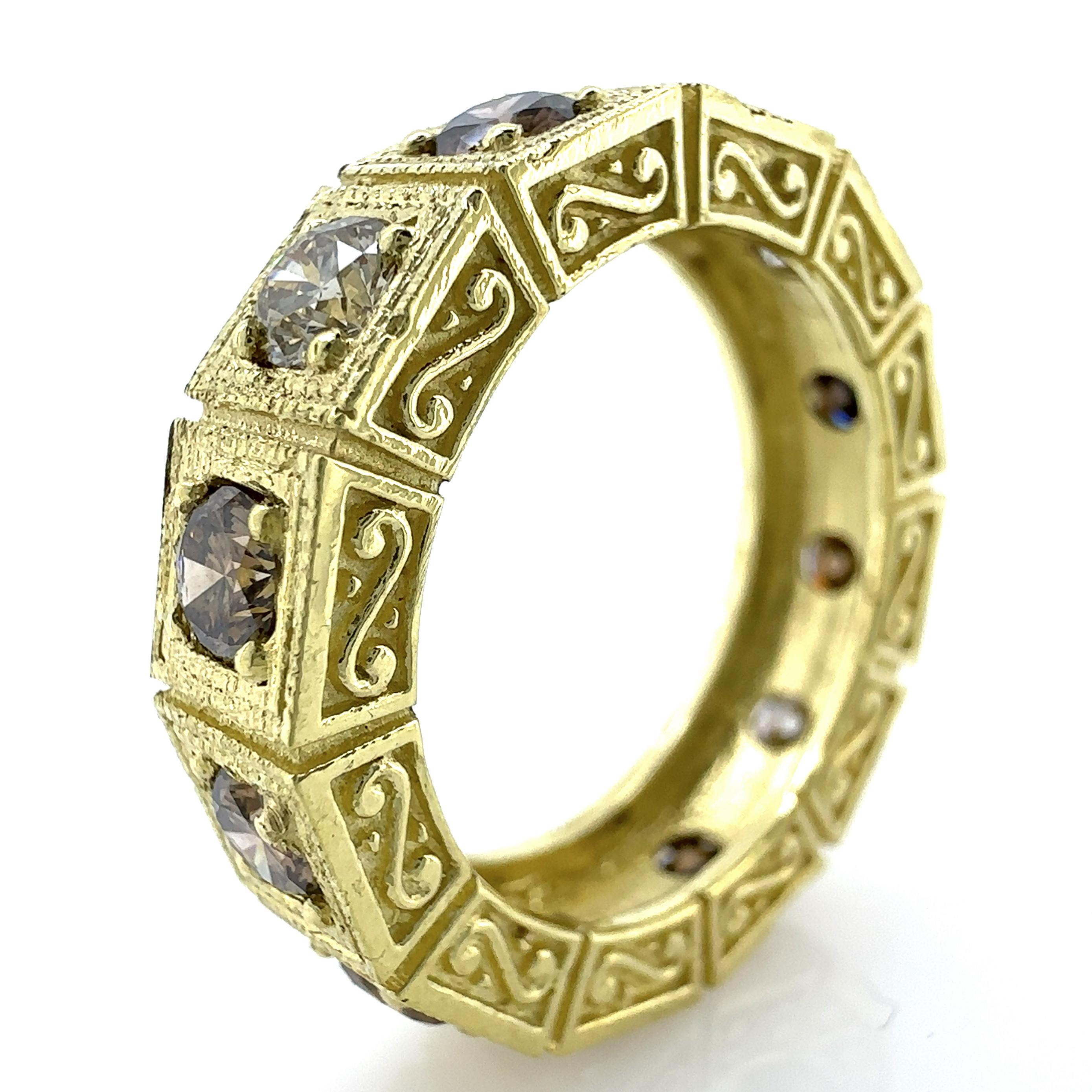 1.9 Carat Eternity Ring in Yellow Gold with Twelve Mixed Brown & White Diamonds  For Sale 3