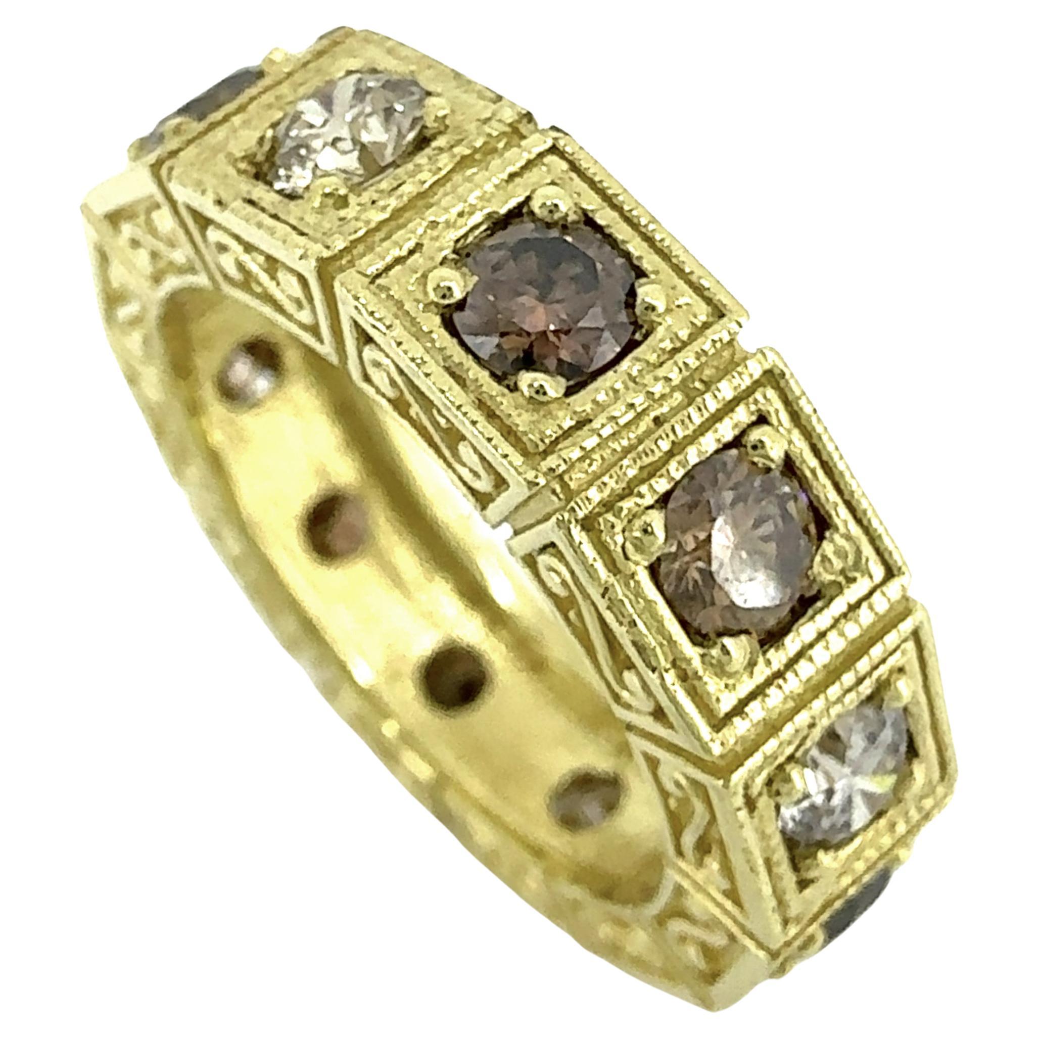 1.9 Carat Eternity Ring in Yellow Gold with Twelve Mixed Brown & White Diamonds  For Sale