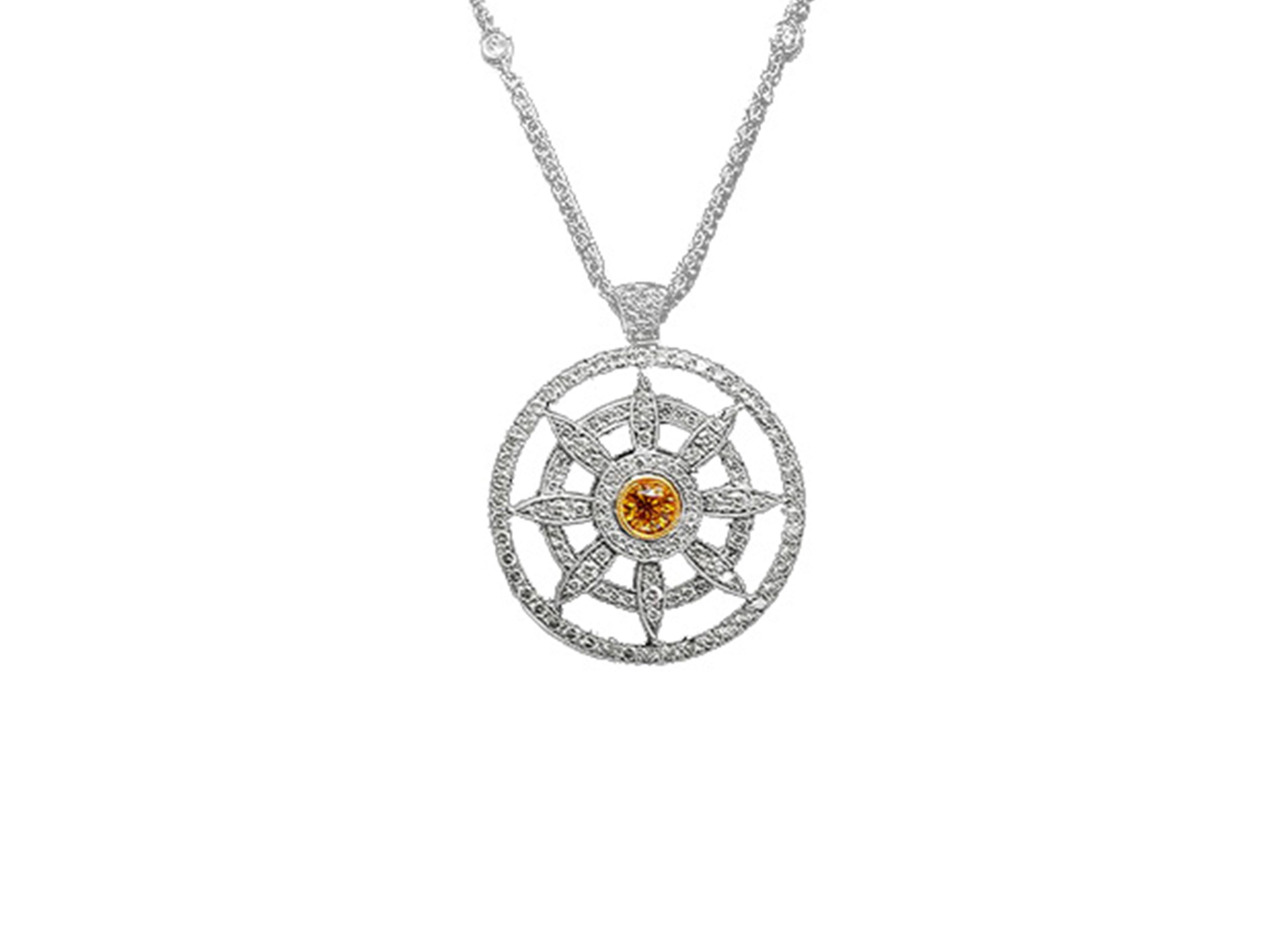 Collana con ciondolo a forma di bussola in oro bianco e giallo 18 carati.

Ti presentiamo un'accattivante collana con ciondolo ispirata al motivo della rosa e della bussola, un simbolo senza tempo di direzione e scopo. Il cuore è costituito da un