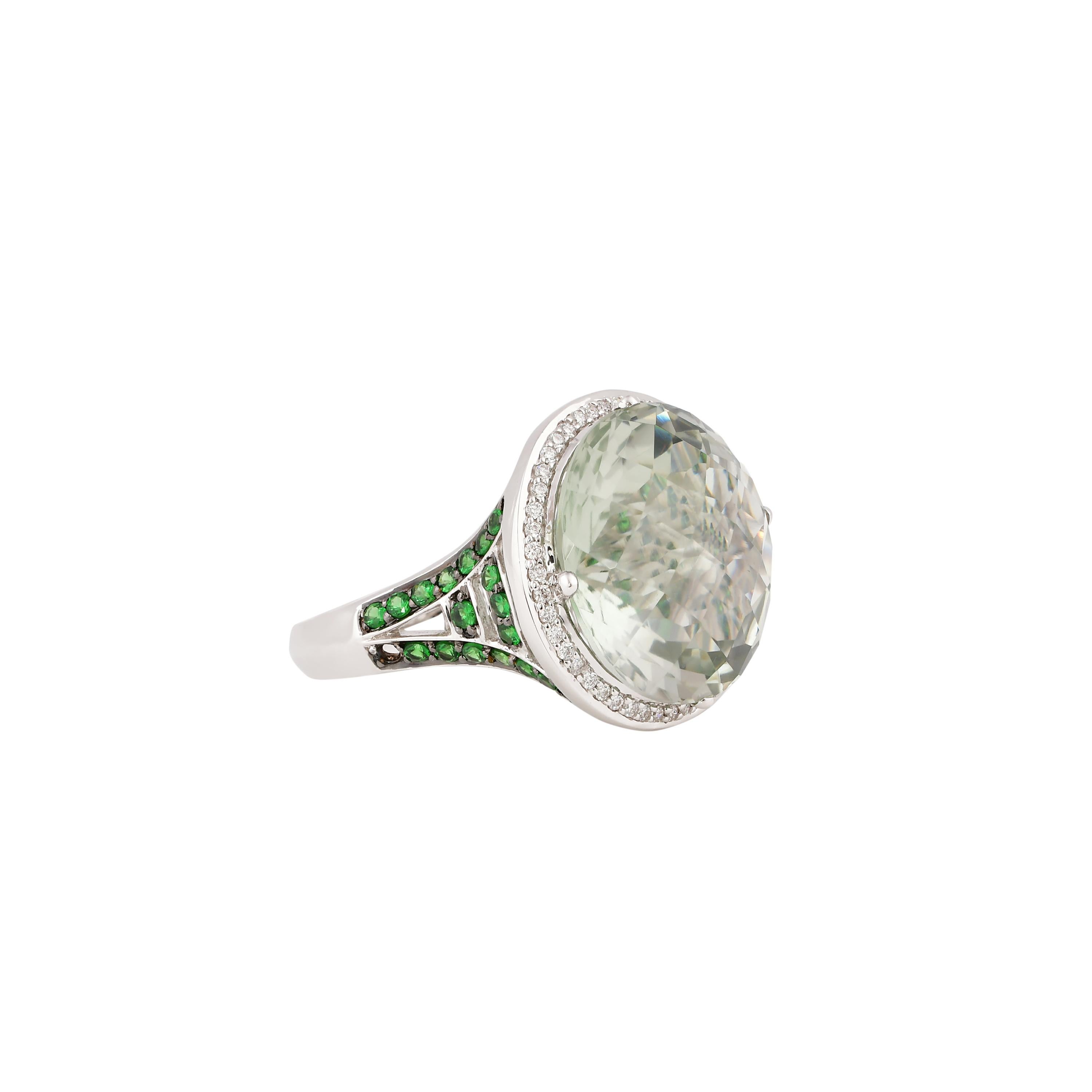 Contemporary 19 Carat Green Amethyst, Tsavorite and Diamond Ring in 14 Karat White Gold For Sale