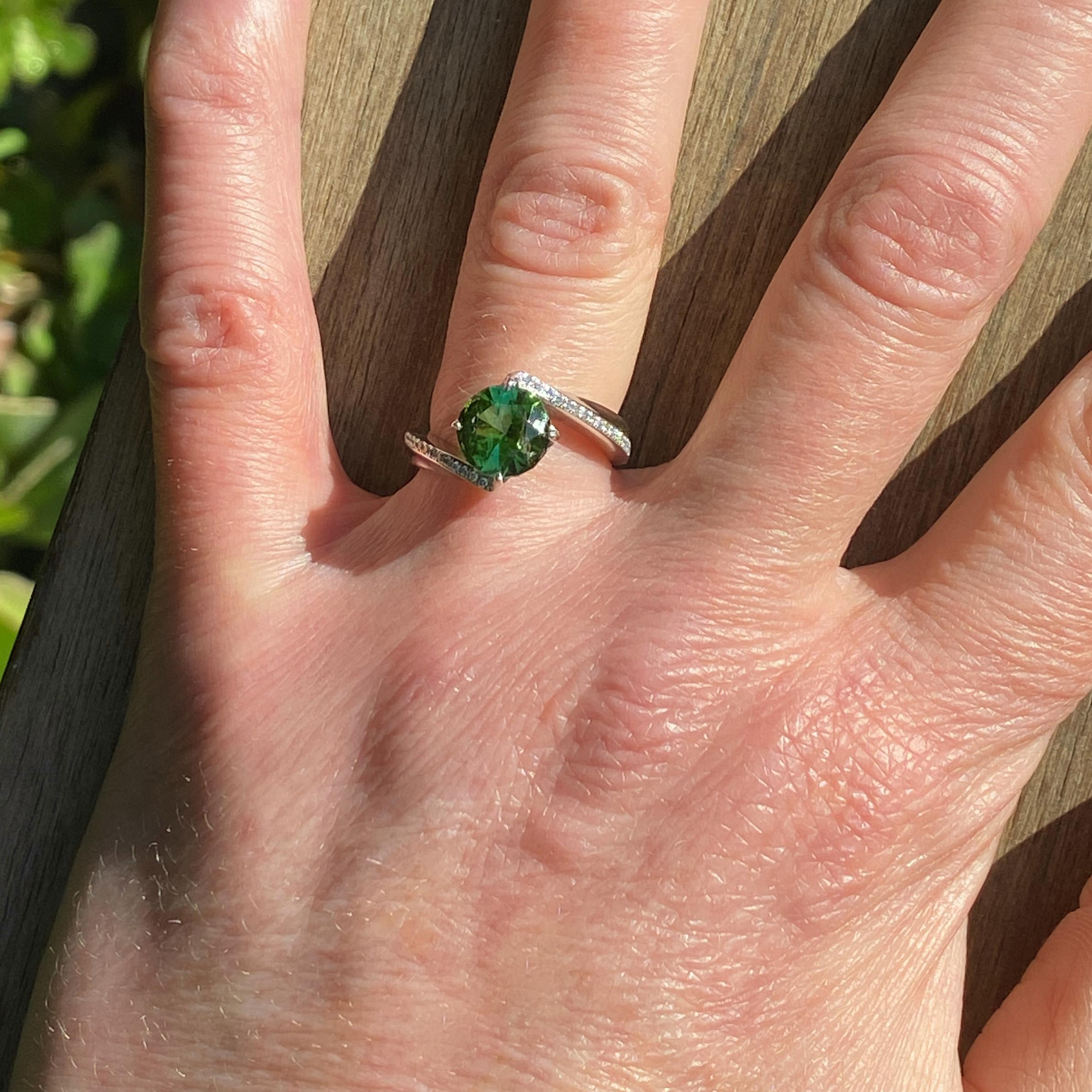 1.9 Carat Green Tourmaline Bypass Ring in Platinum Accented with Tiny Diamonds For Sale 3