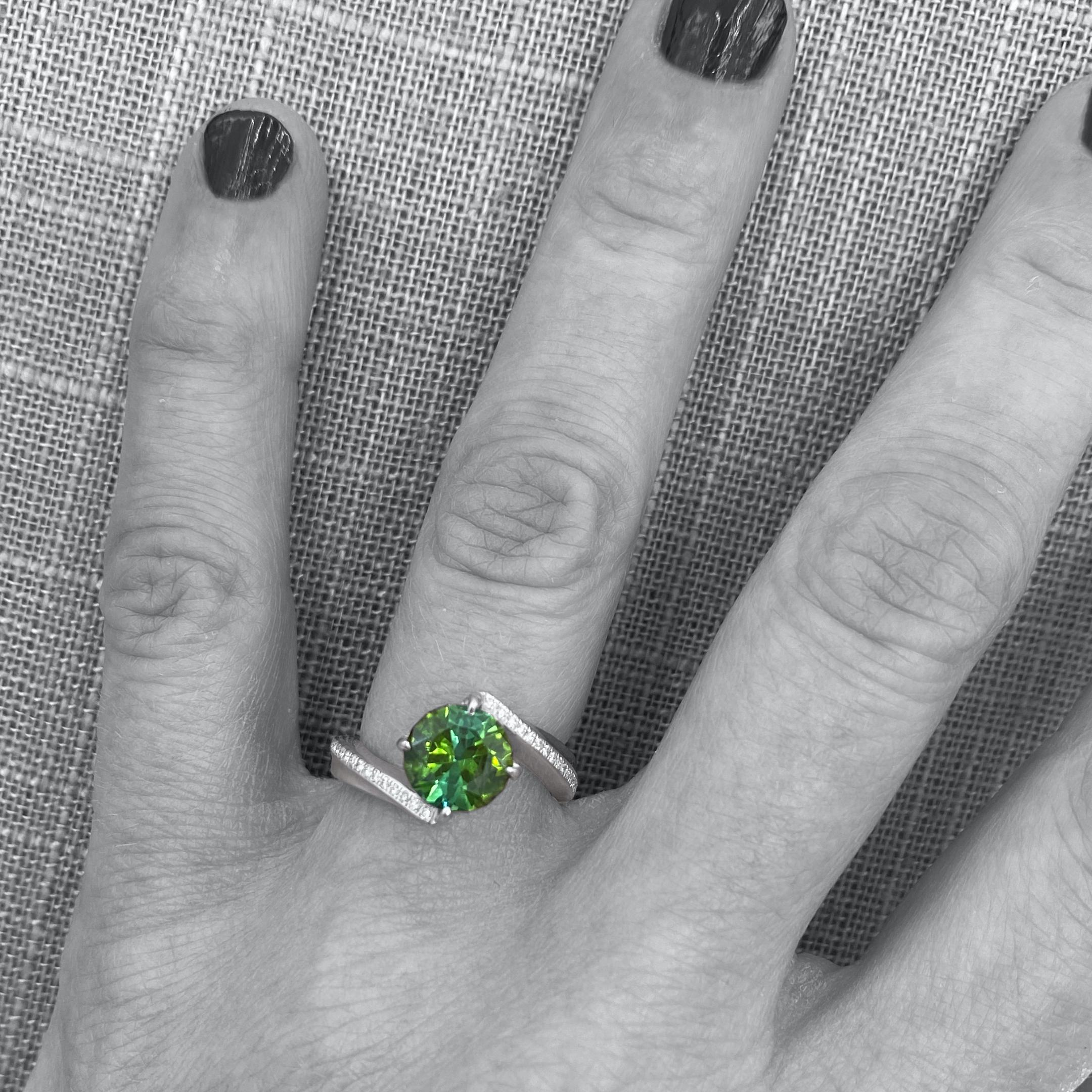 Contemporary 1.9 Carat Green Tourmaline Bypass Ring in Platinum Accented with Tiny Diamonds For Sale