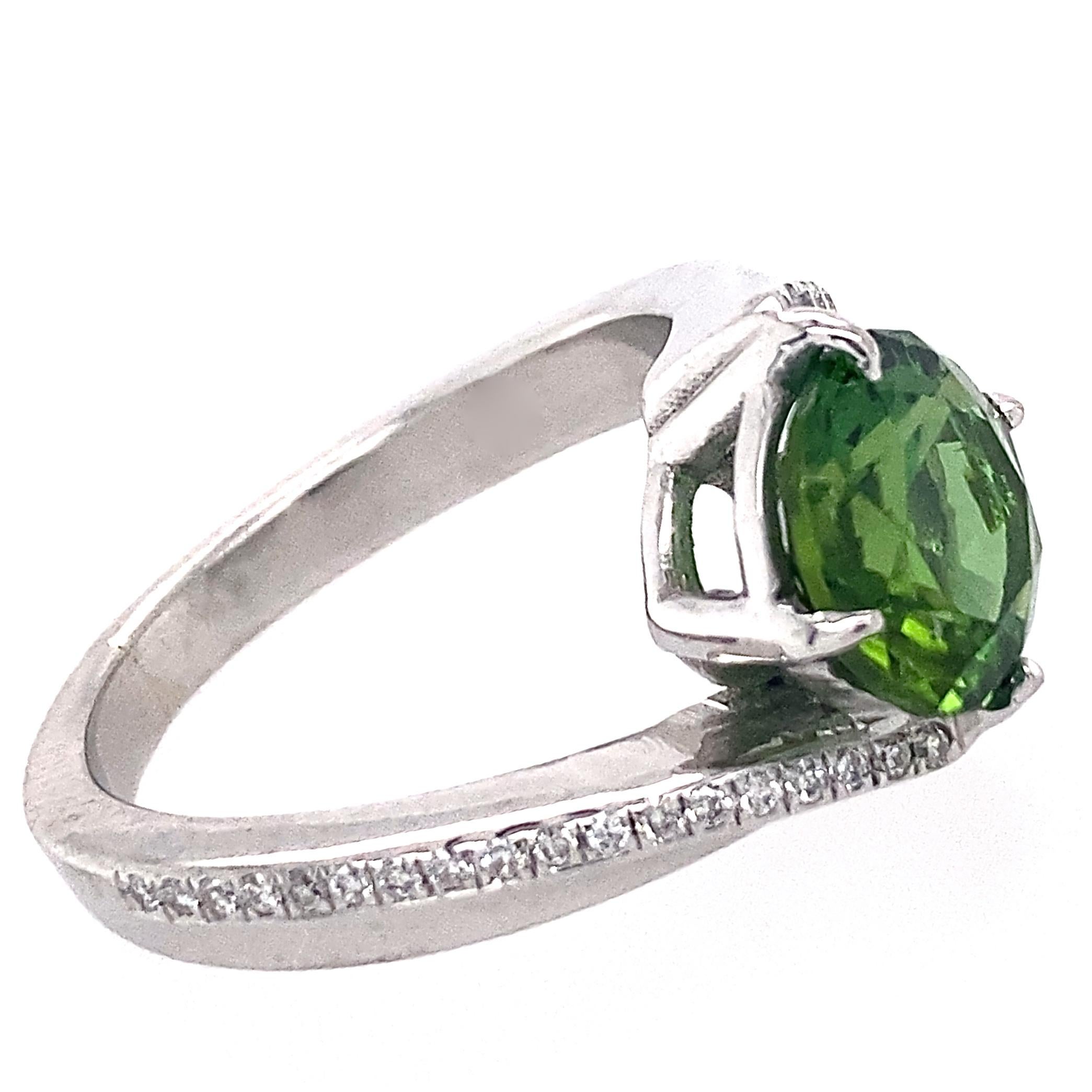 Round Cut 1.9 Carat Green Tourmaline Bypass Ring in Platinum Accented with Tiny Diamonds For Sale