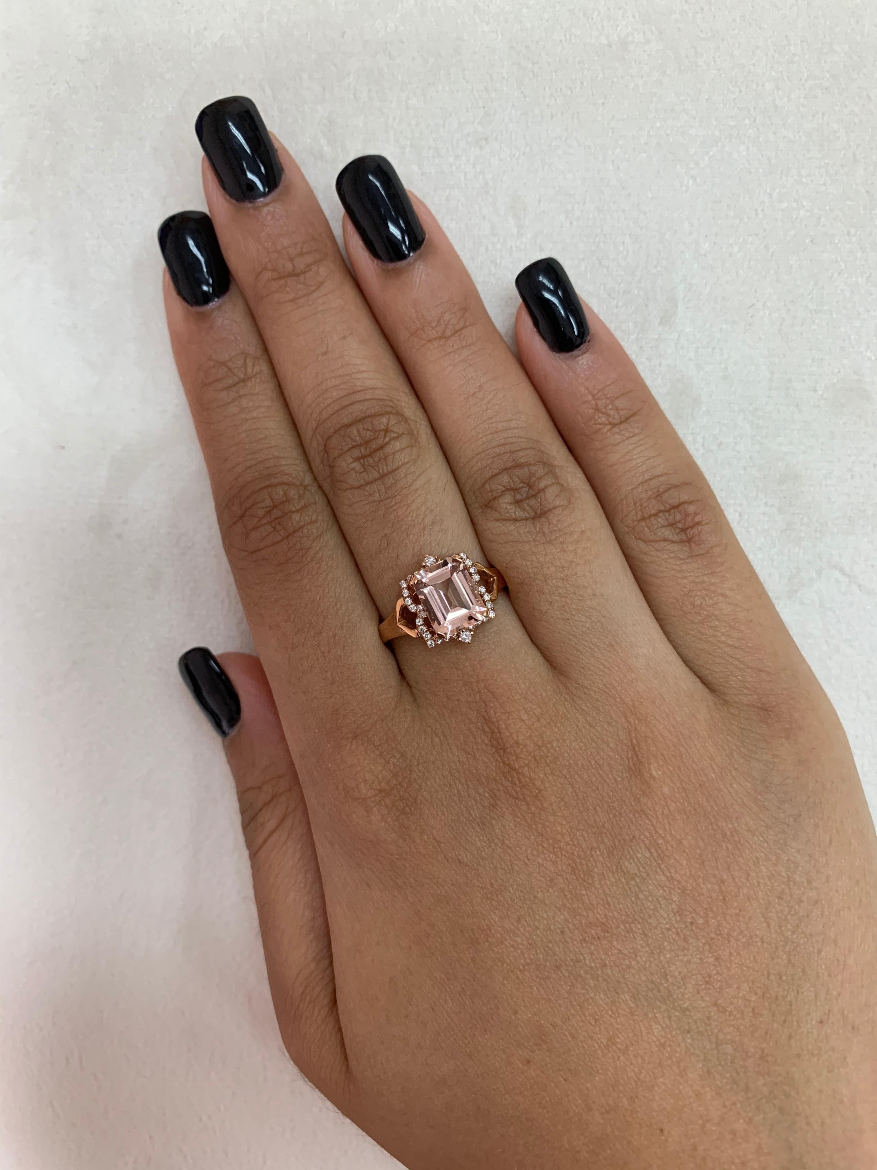 This collection features an array of magnificent morganites! Accented with diamonds these rings are made in rose gold and present a classic yet elegant look. 

Classic morganite ring in 18K rose gold with diamonds. 

Morganite: 1.99 carat octagon