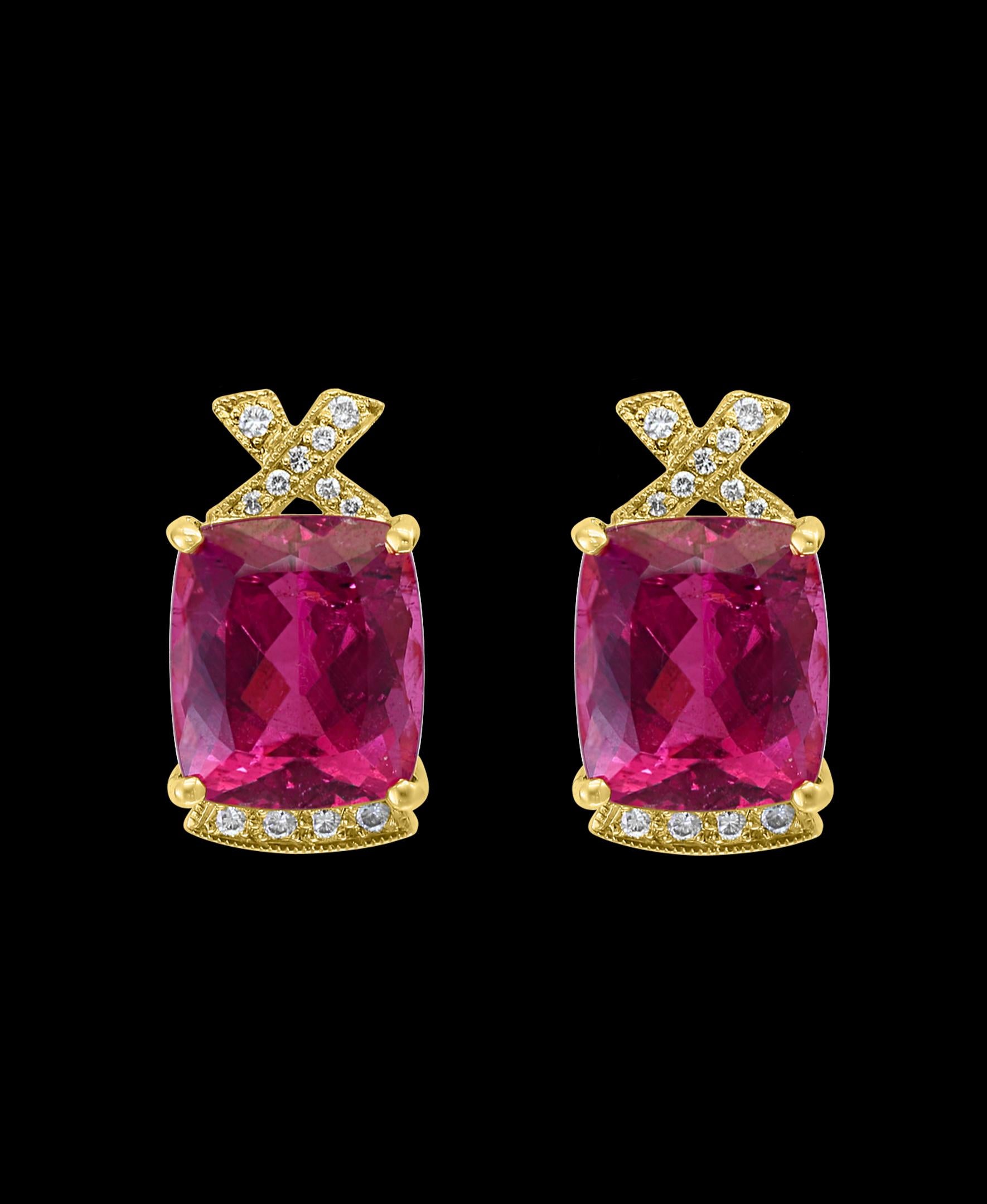 19 Carat  Natural Pink Tourmaline  & Diamond Cocktail  Earring , 14K Yellow Gold , Very desirable color and quality.
perfect pair made in 14 Karat Yellow gold
Gold 17 Grams
 Diamonds: approximate .40 ct 
Earring  can be worn as Clip earrings as  we
