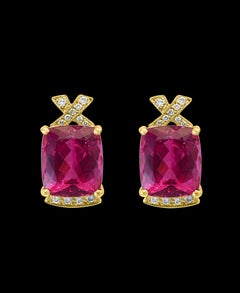 Boucle d'oreille cocktail en or 14 carats, tourmaline rose naturelle de 19 carats et diamant
