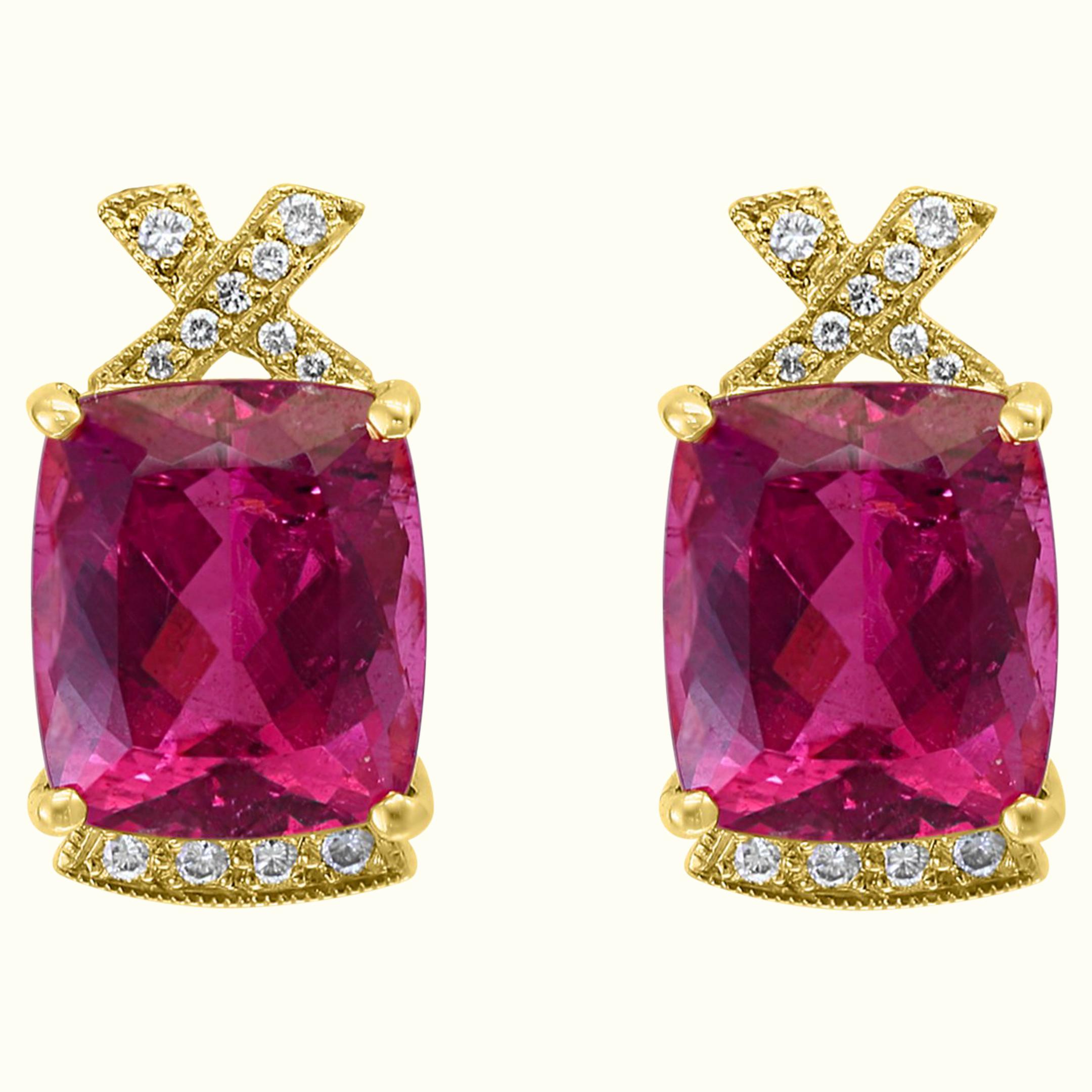 19 Carat Natural Pink Tourmaline and Diamond Cocktail Earring, 14 Karat Gold For Sale