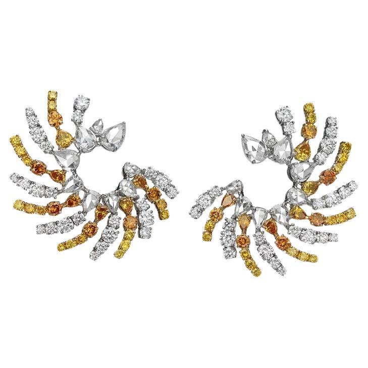 19 Carat Orange, Yellow & White Diamond Cluster Earrings In 18K Yellow Gold. For Sale