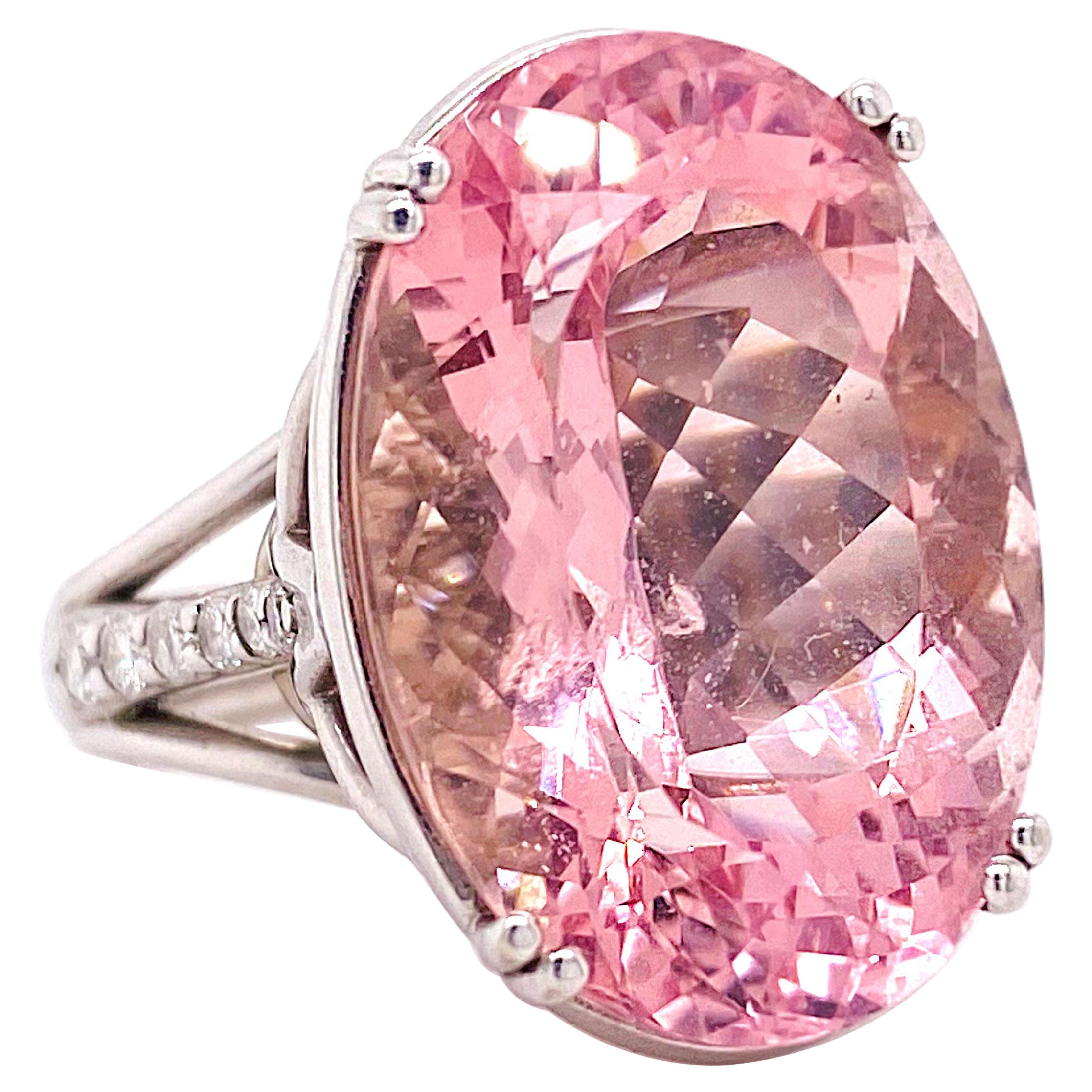 19 Carat Oval Natural Pink Morganite and .25 Carat Diamond Ring in White Gold