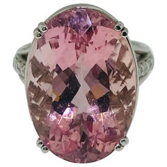 19 Carat Oval Natural Pink Morganite and .25 Carat Diamond Ring in White Gold