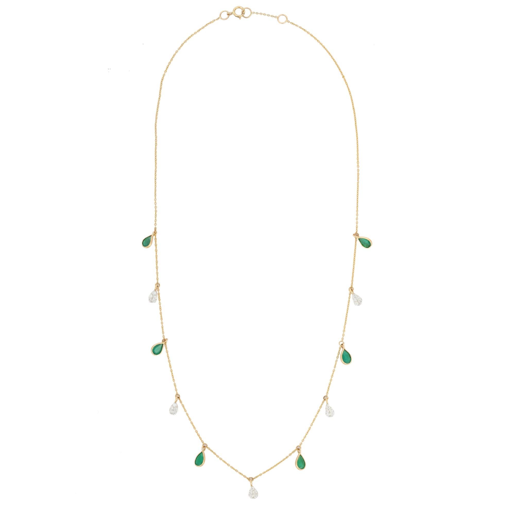 1.9 Carat Pear Cut Emerald and Diamond Drop Necklace in 18K Yellow Gold  For Sale 2