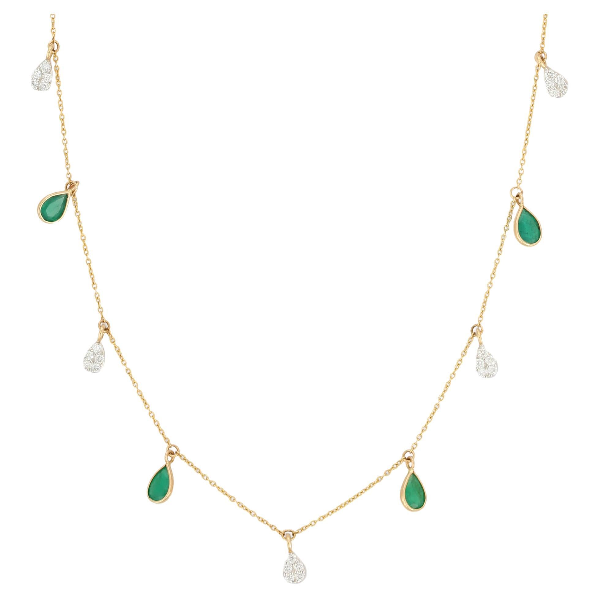 1.9 Carat Pear Cut Emerald and Diamond Drop Necklace in 18K Yellow Gold 