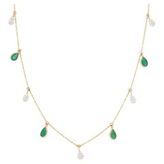 Retro 1.9 Carat Pear Cut Emerald and Diamond Drop Necklace in 18K Yellow Gold 