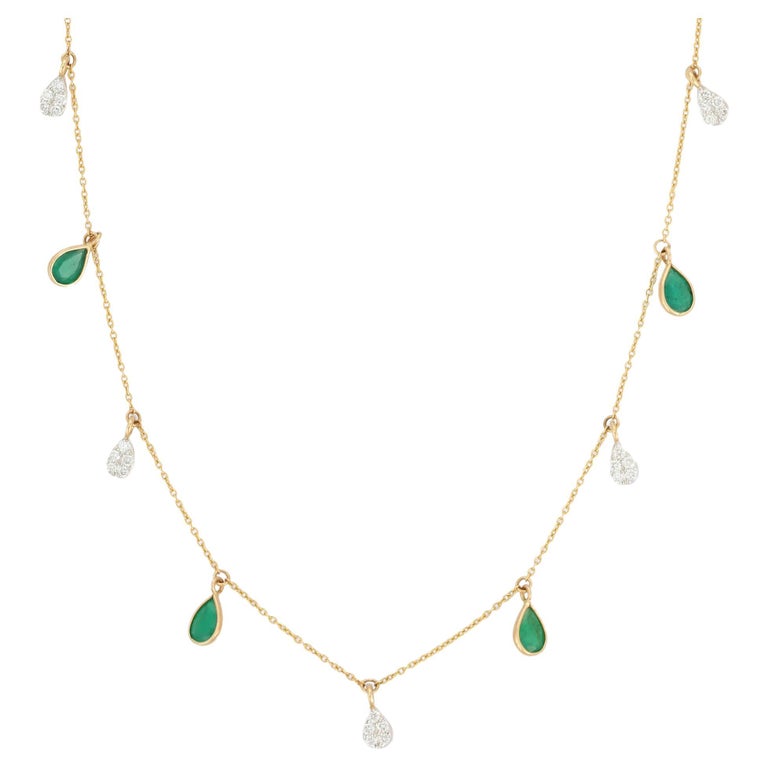 1.9 Carat Pear Cut Emerald and Diamond Drop Necklace in 18K Yellow Gold  For Sale