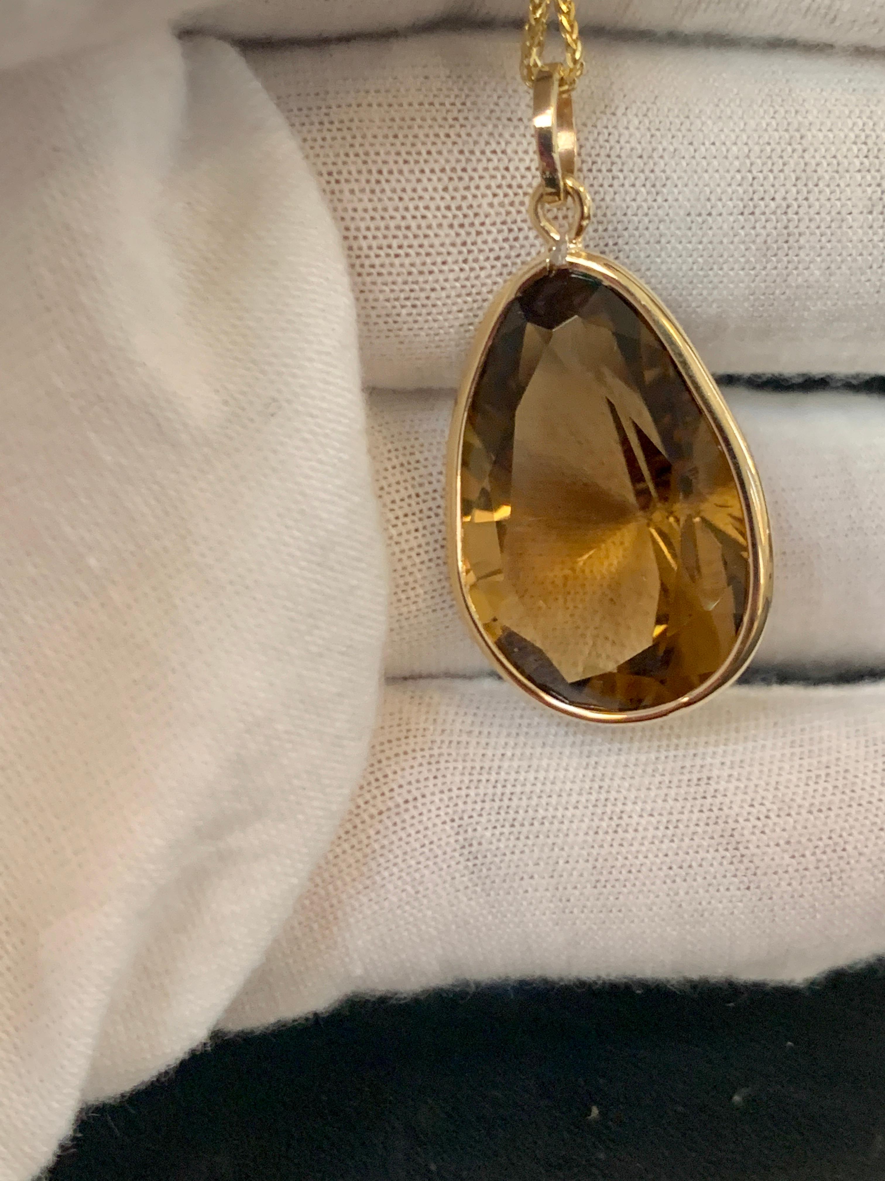 Emerald Cut 19 Carat Pear Shape Citrine Pendent or Necklace 14 Karat Yellow Gold with Chain
