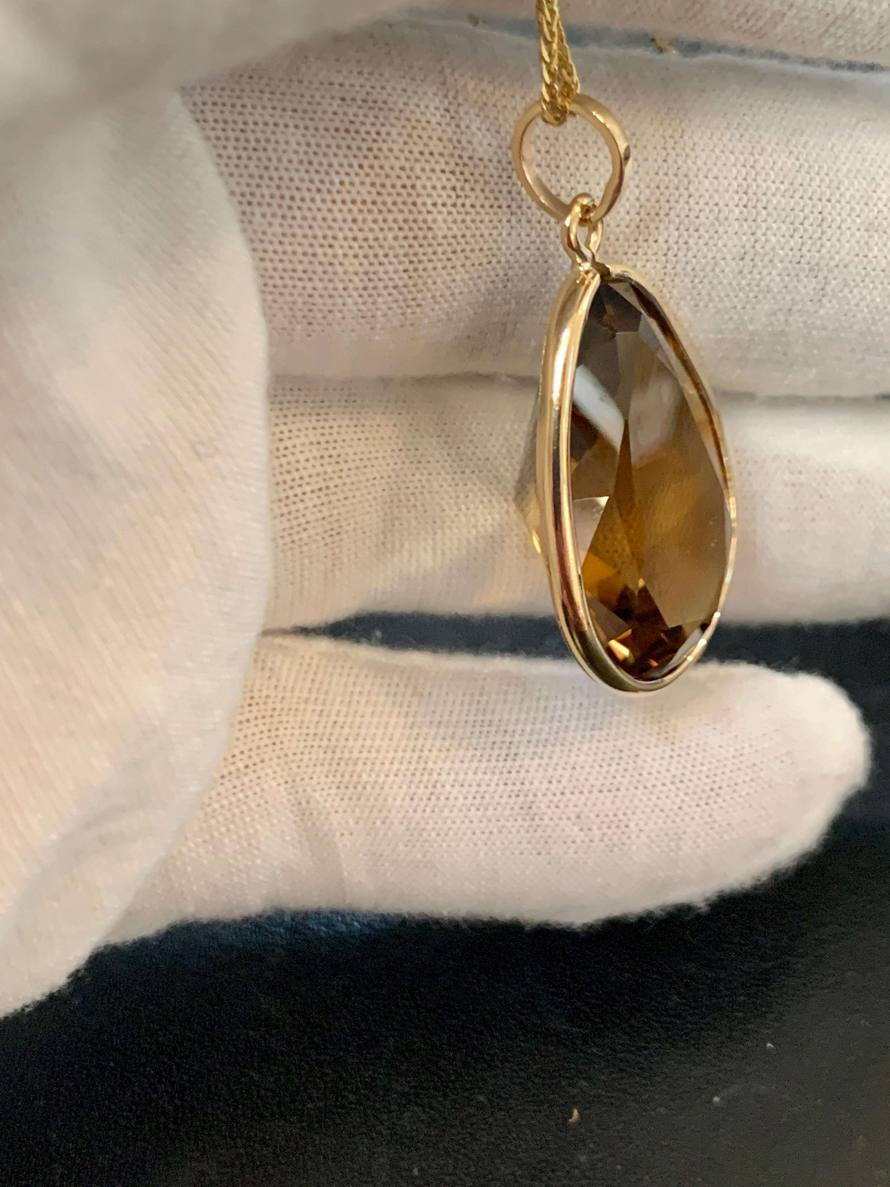 19 Carat Pear Shape Citrine Pendent or Necklace 14 Karat Yellow Gold with Chain In Excellent Condition In New York, NY