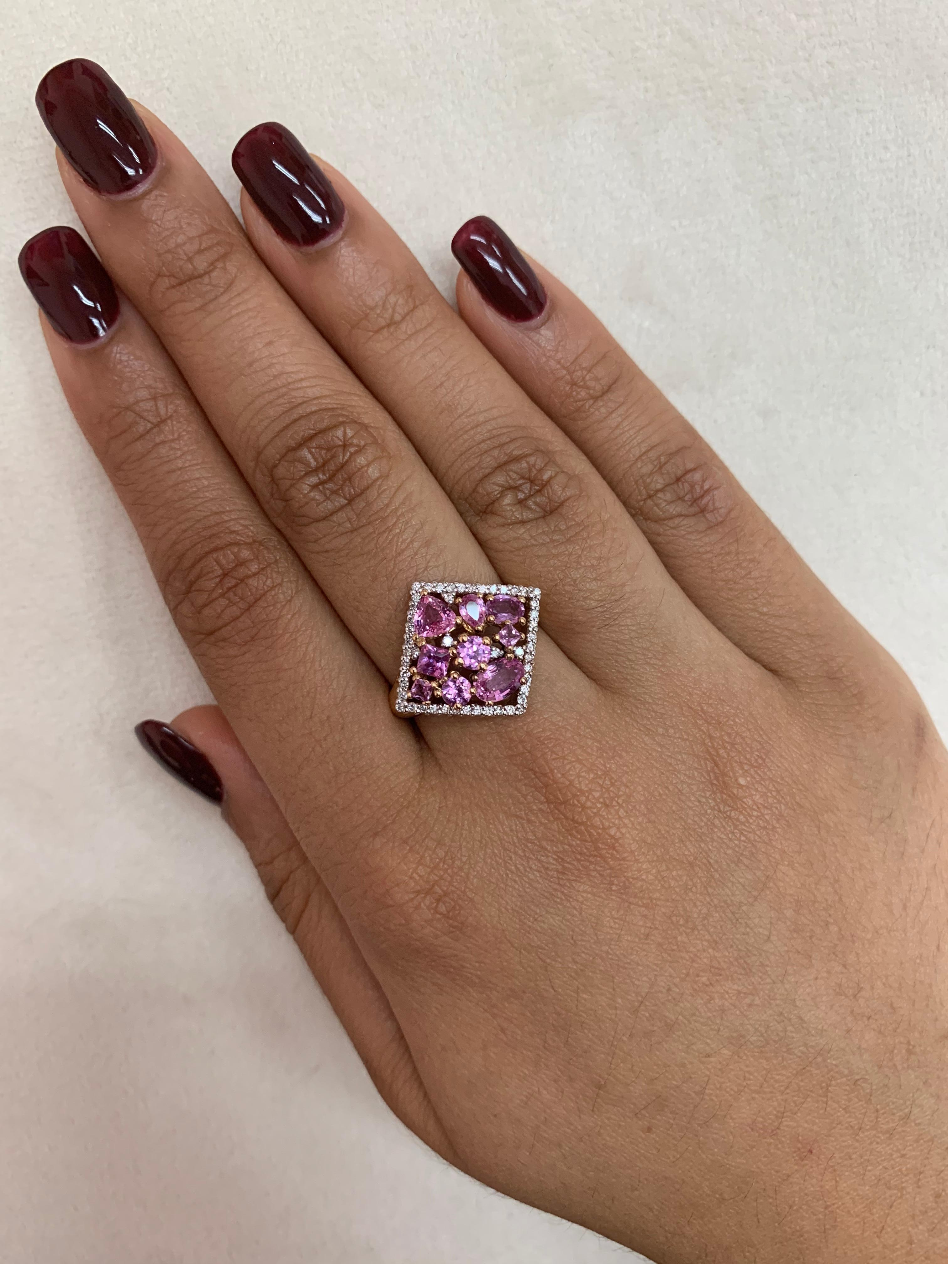 Sunita Nahata presents an exclusive collection of pink sapphire rings. With a mix of floral designs and cluster setting these pieces are accented with diamonds to present a unique array of rings. 

Designer pink sapphire ring in 18K rose gold with