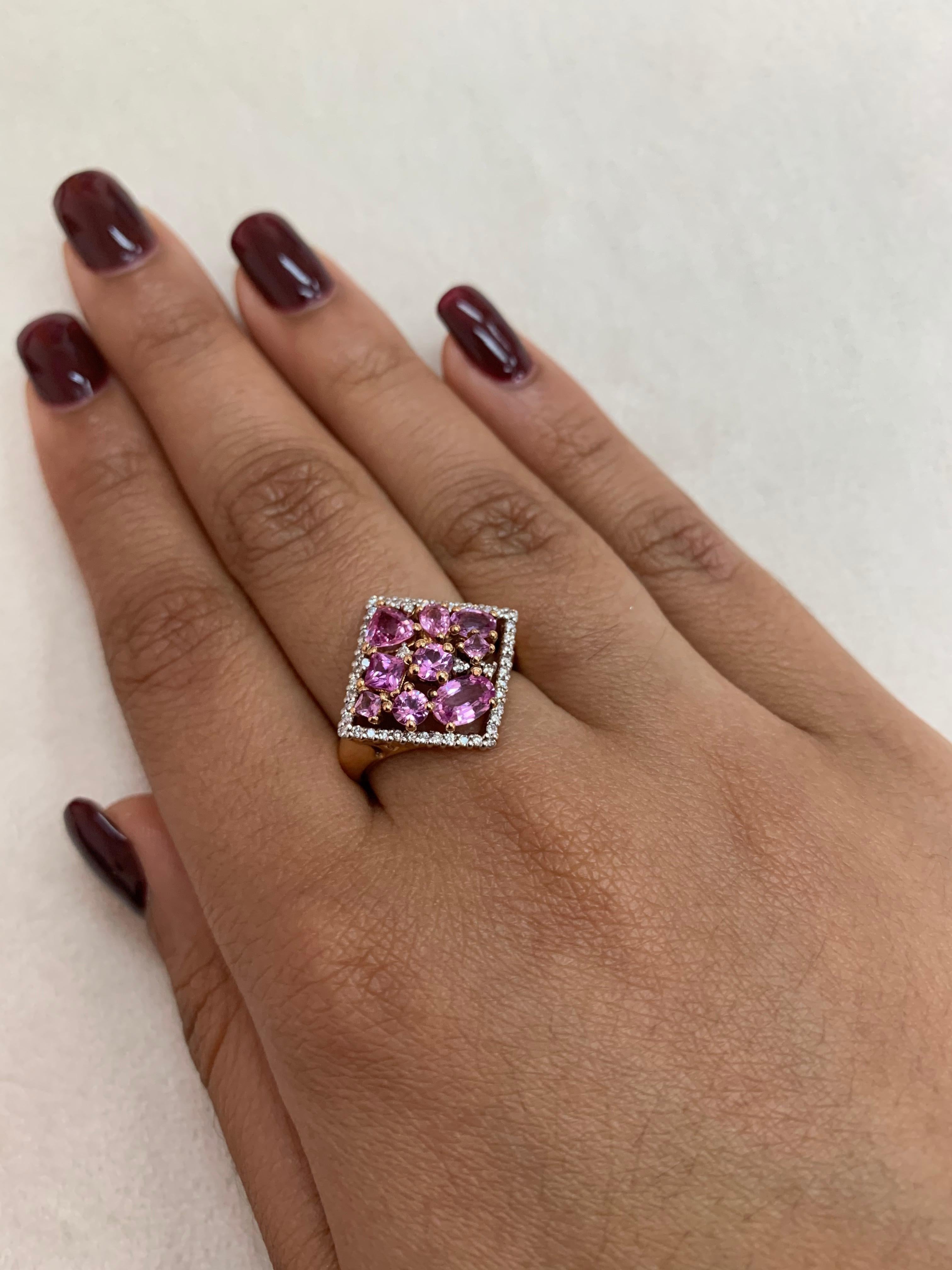 Mixed Cut 1.9 Carat Pink Sapphire Ring with Diamond in 18 Karat Rose Gold For Sale