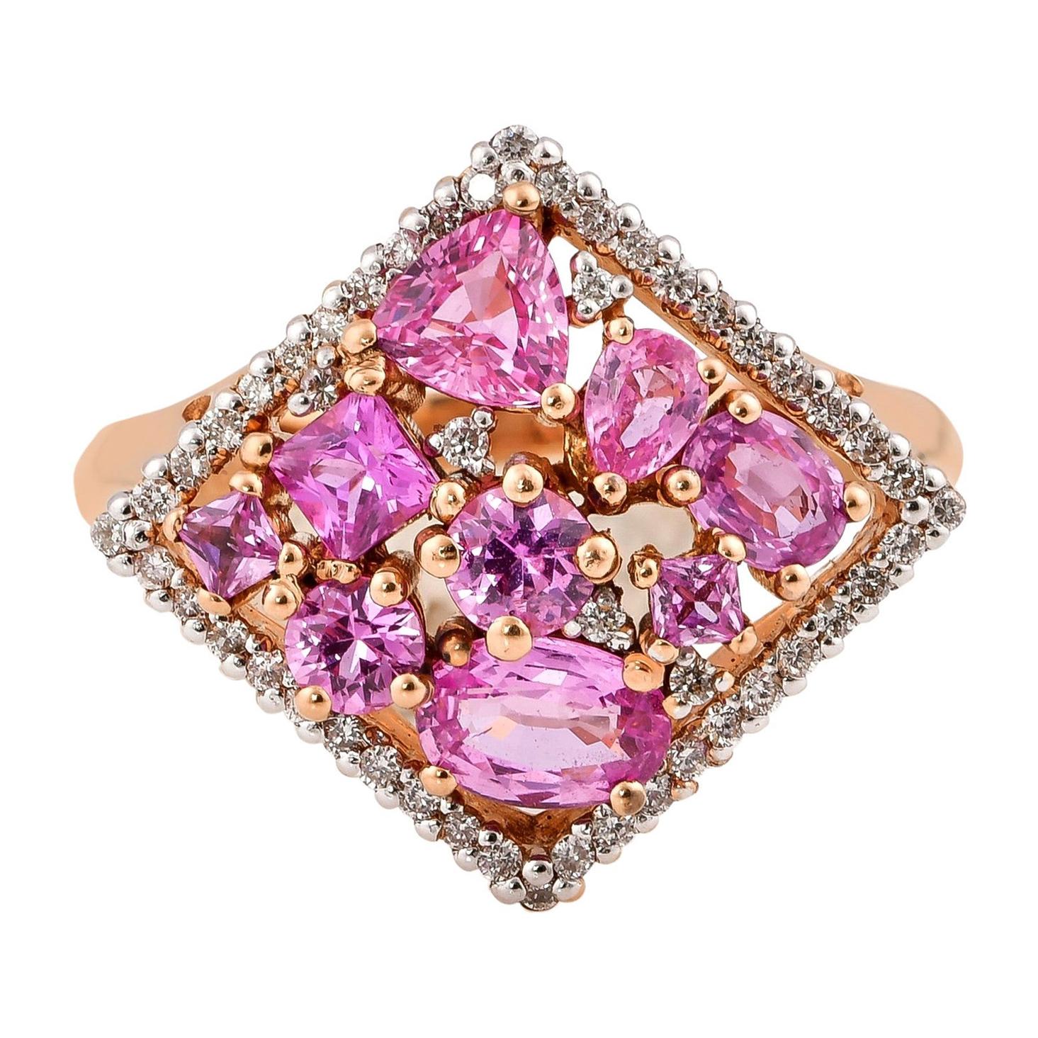 Bague en or rose 18 carats avec saphir rose 1,9 carat et diamants