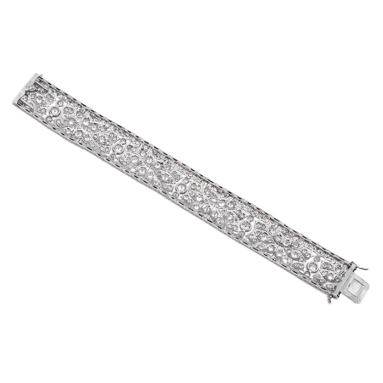 Art Deco Era vintage diamond bracelet featuring 19 carats of Old European cut diamonds, set in a handcrafted platinum bracelet. 