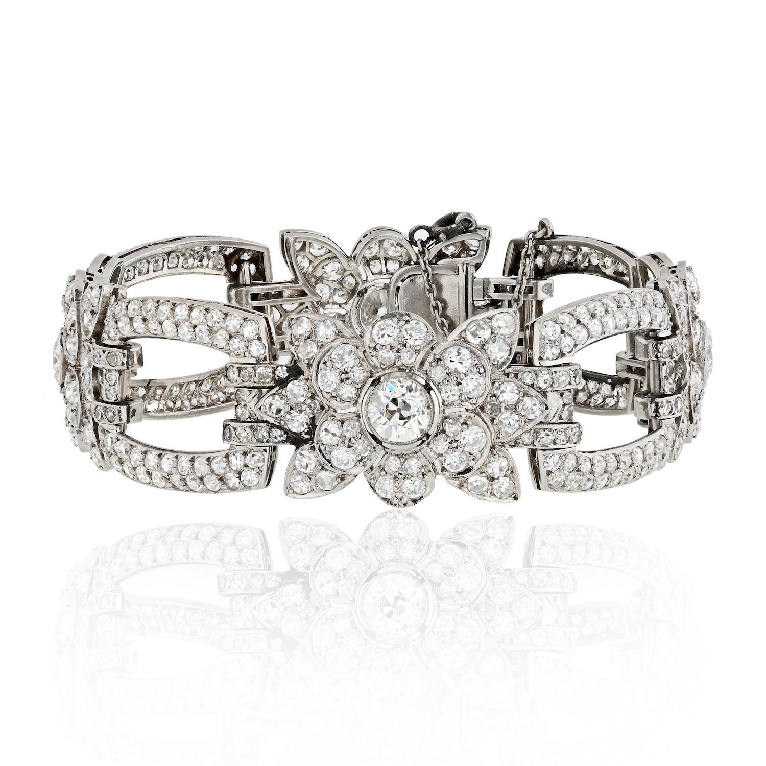 This gorgeous meticulously handcrafted and unique bracelet is sure to get everybody's glance.
This exquisite diamond bracelet is expertly crafted in solid platinum and comes to us from 1930's. Composed of flexible openwork panels, encrusted with a