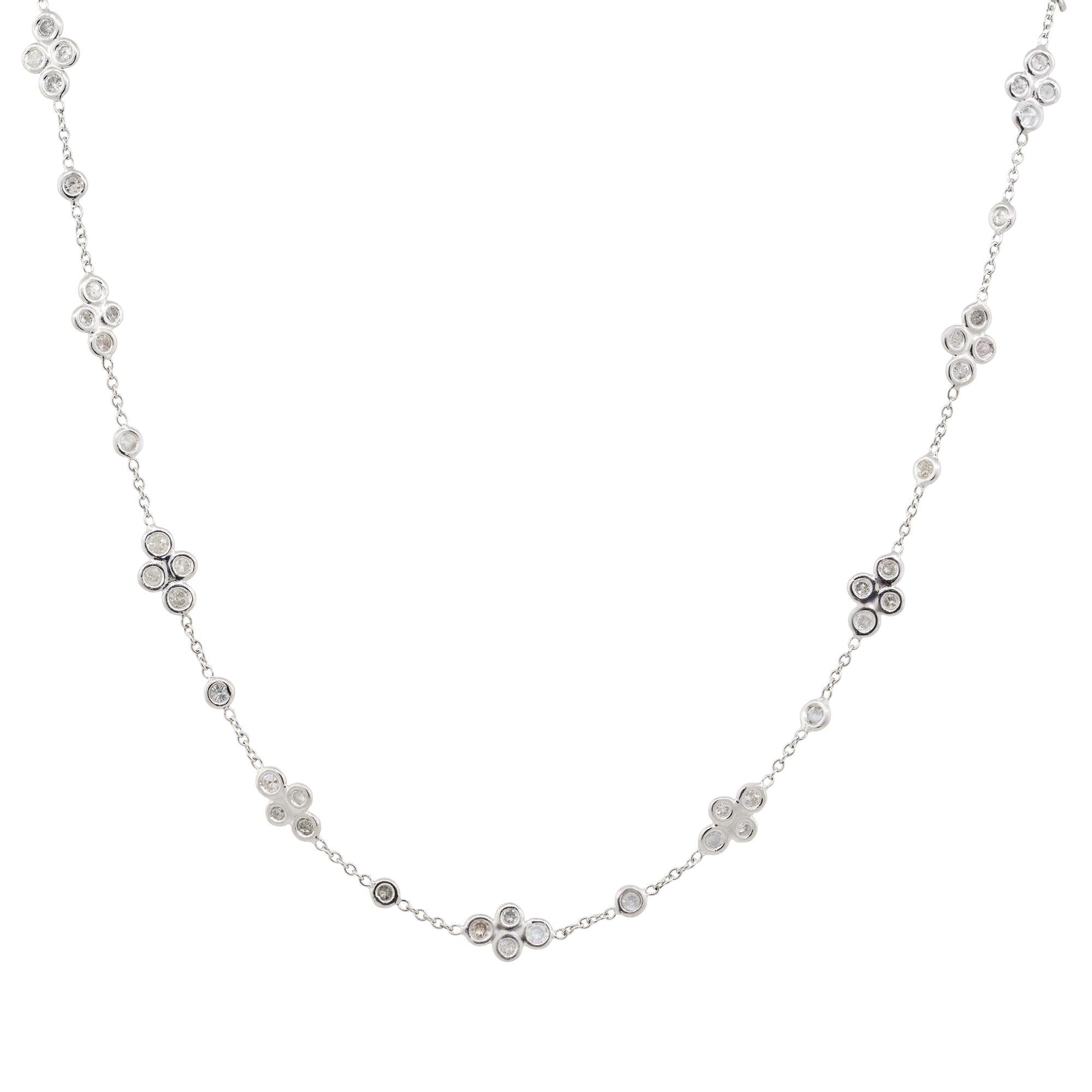 Material: 18k White Gold (clasp is 14k white gold)
Diamond Details: Approx. 1.9ctw of round cut diamonds. Diamonds are G/H in color and VS in clarity
Measurements: Necklace measures 16