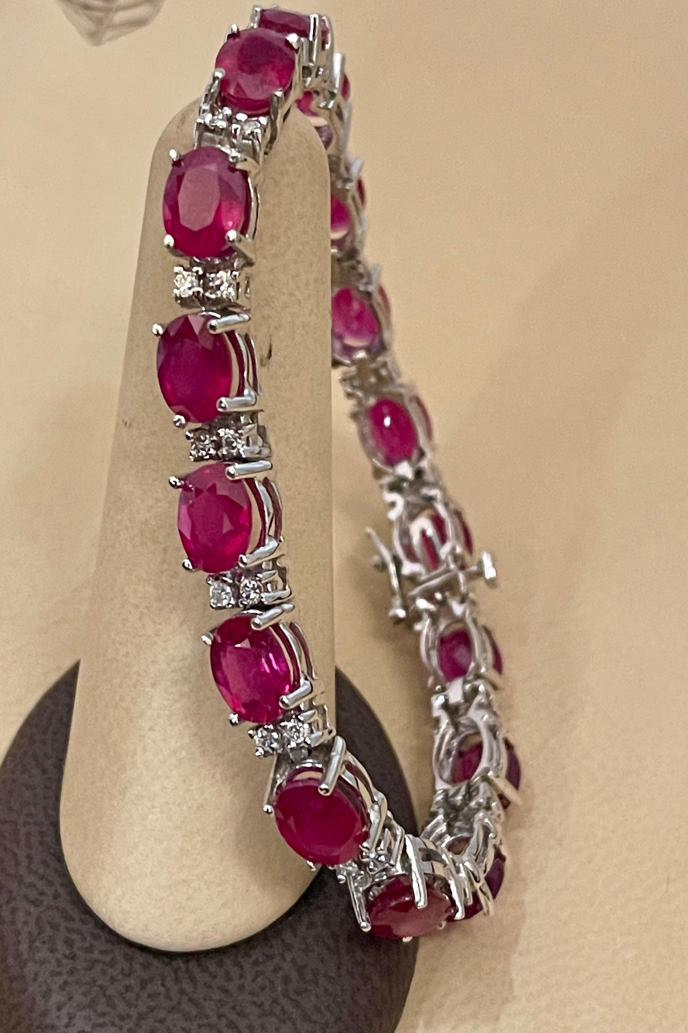 19 Carat Ruby & 1 Carat Diamond Affordable Tennis Bracelet 14 Karat White Gold For Sale 2