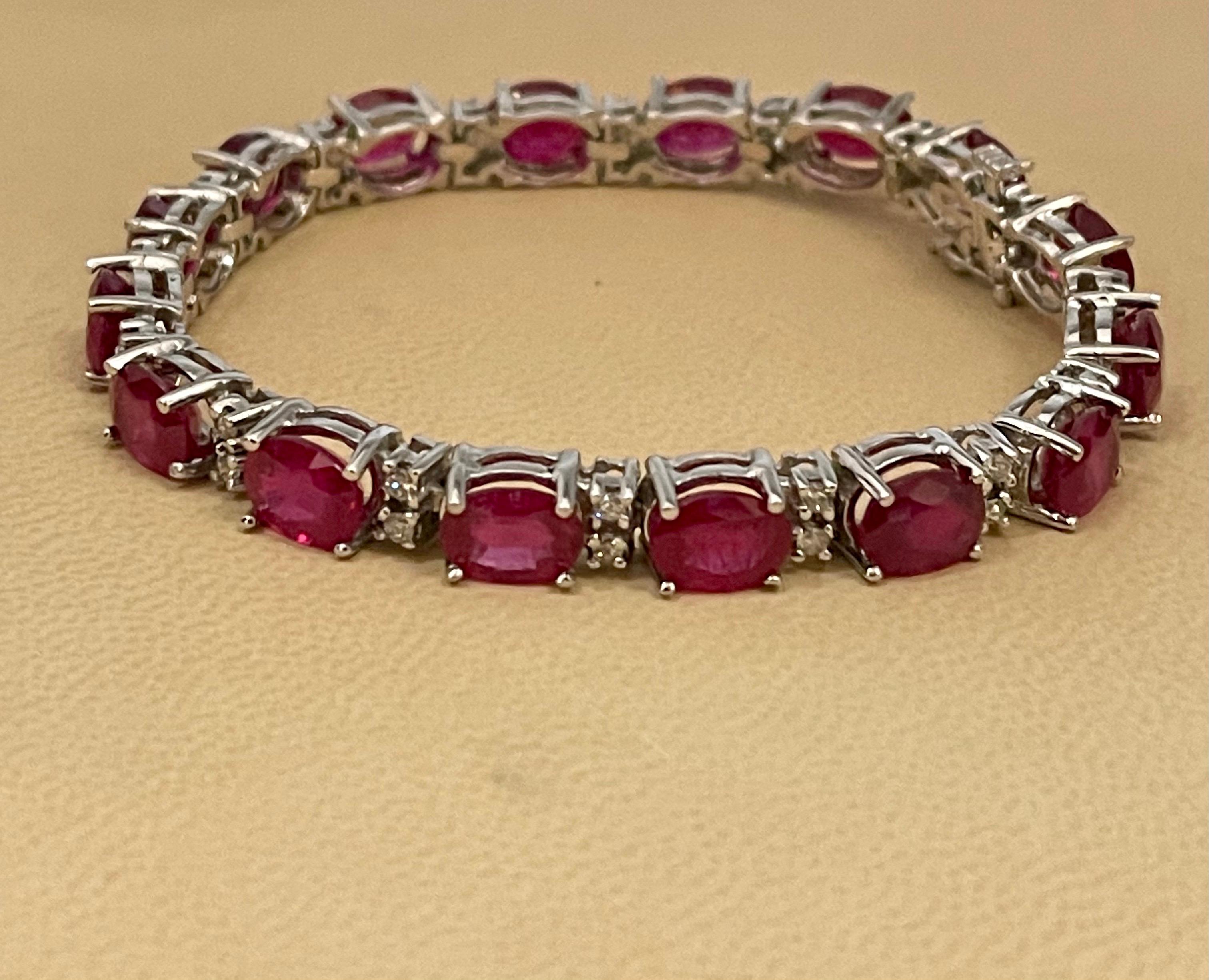 19 Carat Ruby & 1 Carat Diamond Affordable Tennis Bracelet 14 Karat White Gold For Sale 4