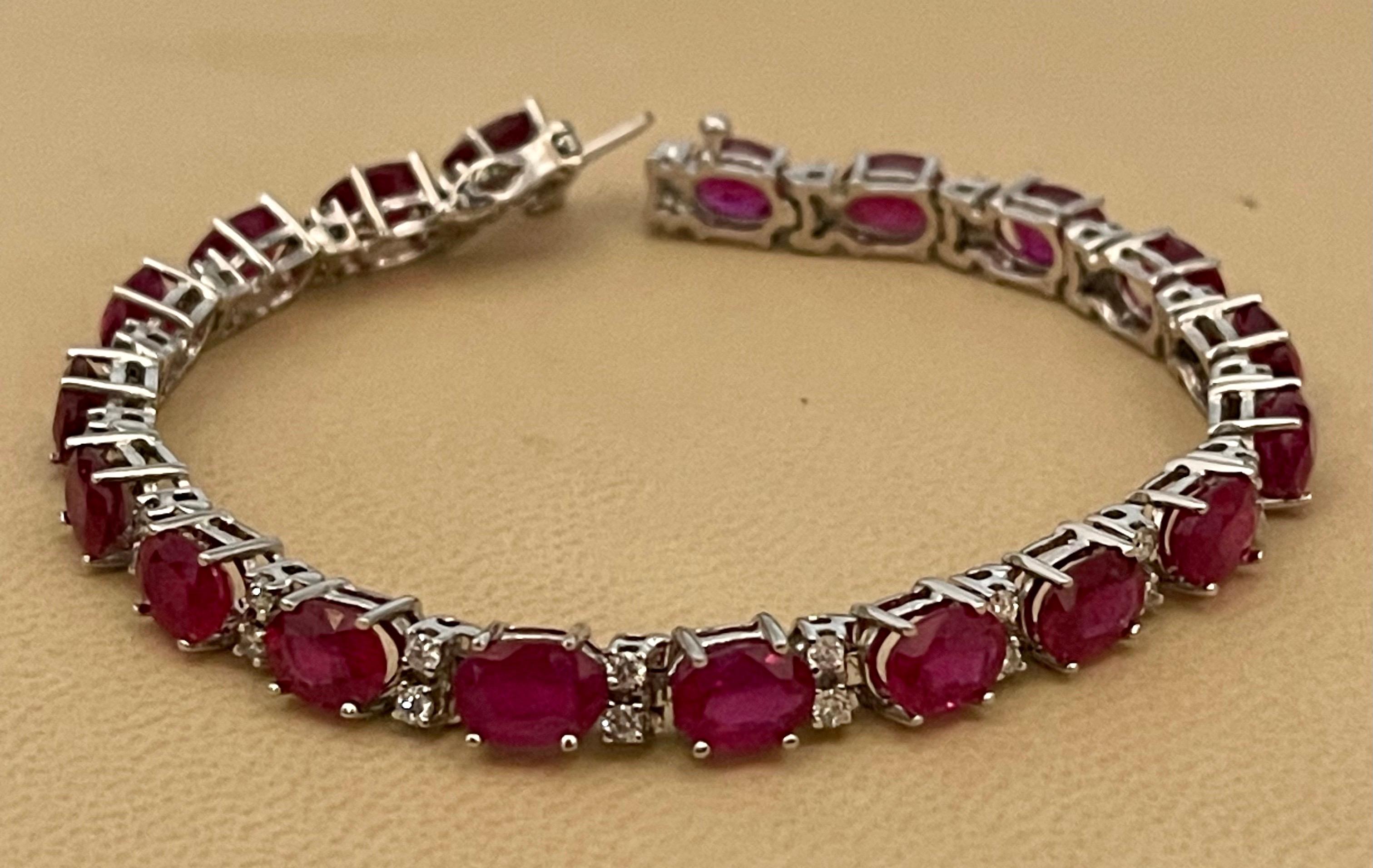 Women's 19 Carat Ruby & 1 Carat Diamond Affordable Tennis Bracelet 14 Karat White Gold For Sale