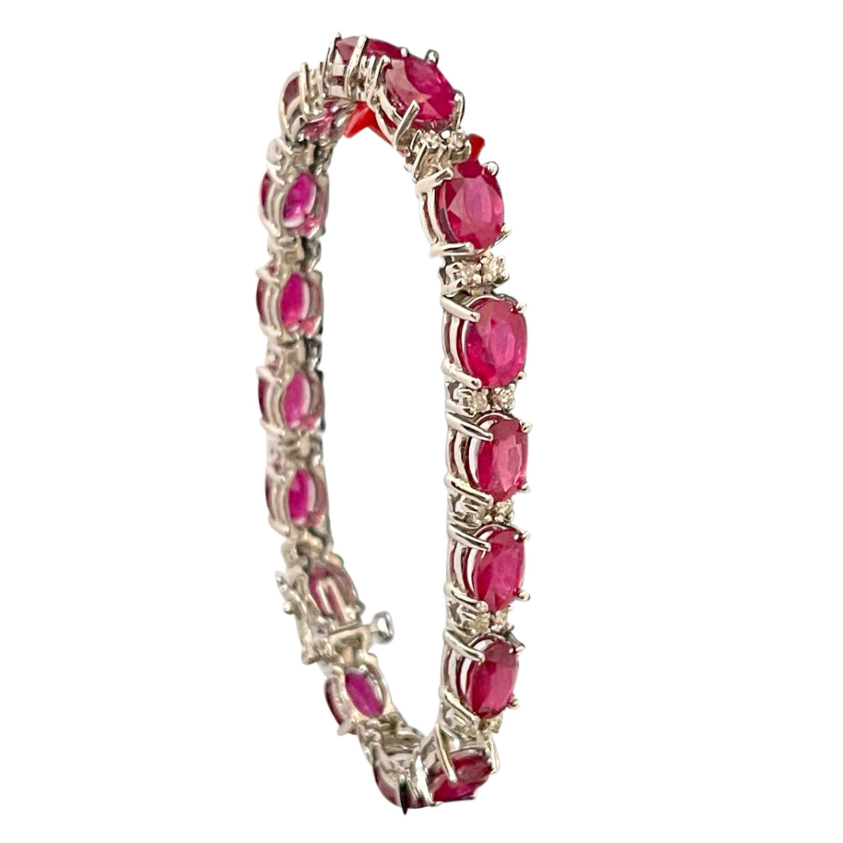 19 Carat Ruby & 1 Carat Diamond Affordable Tennis Bracelet 14 Karat White Gold For Sale