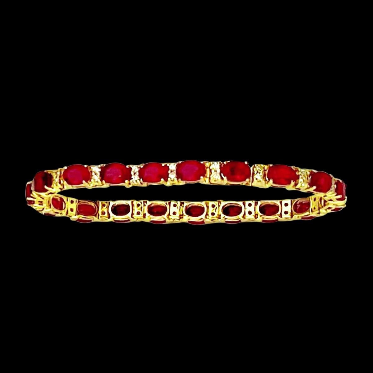  This exceptionally affordable Tennis  bracelet has  19 stones of oval  Treated  Rubies  . 
Ruby is Treated. The weight of the Ruby is 19 Carat , Each ruby is approximately 1 ct , measuring 5X7 MM
Each Ruby is spaced by two diamonds .Total number of