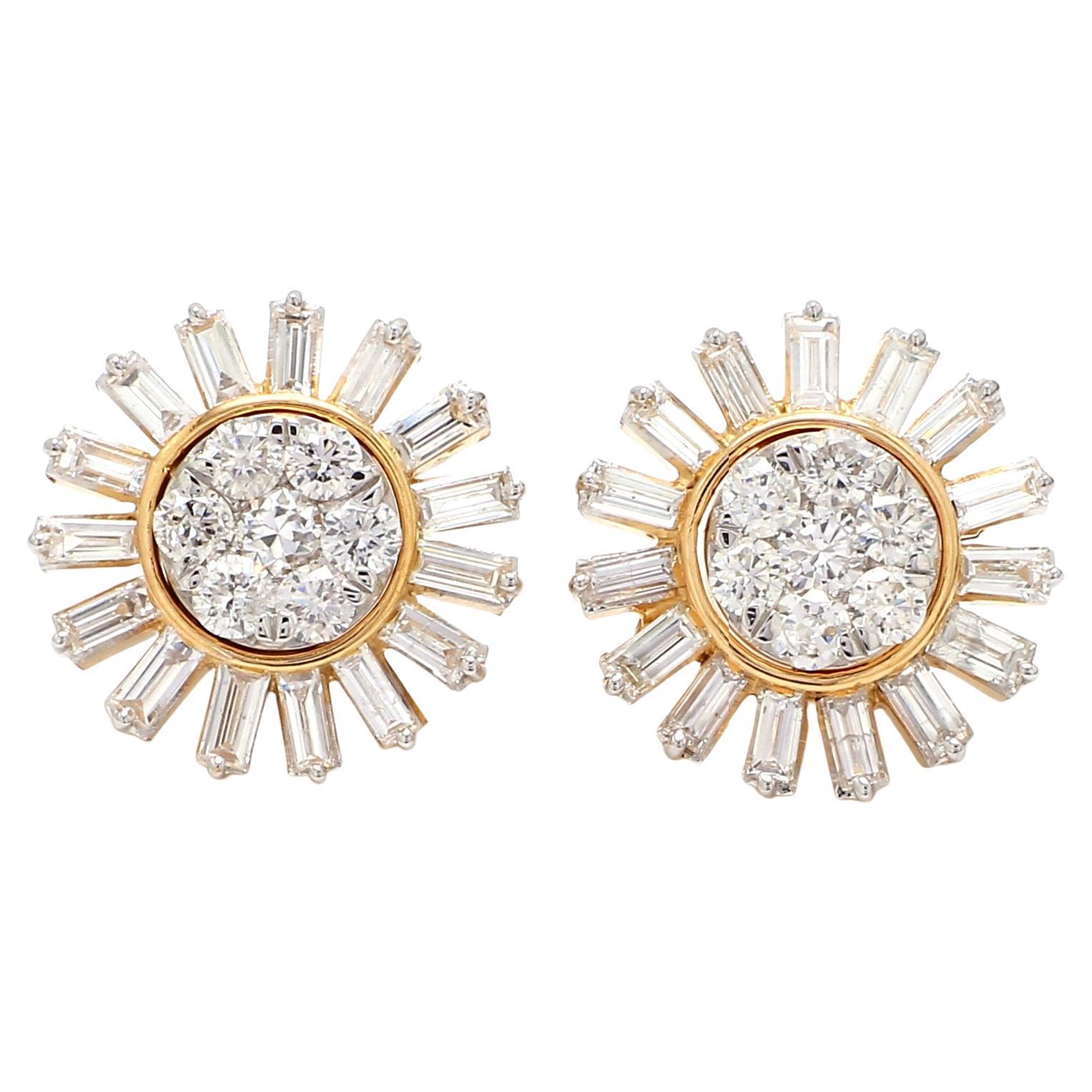 1.9 Carat SI/HI Baguette & Round Diamond Starburst Stud Earrings 18 Karat Yellow For Sale