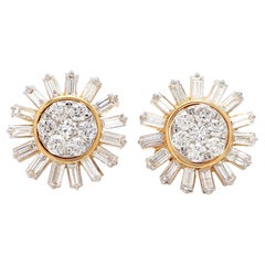 1.9 Carat SI/HI Baguette & Round Diamond Starburst Stud Earrings 18 Karat Yellow