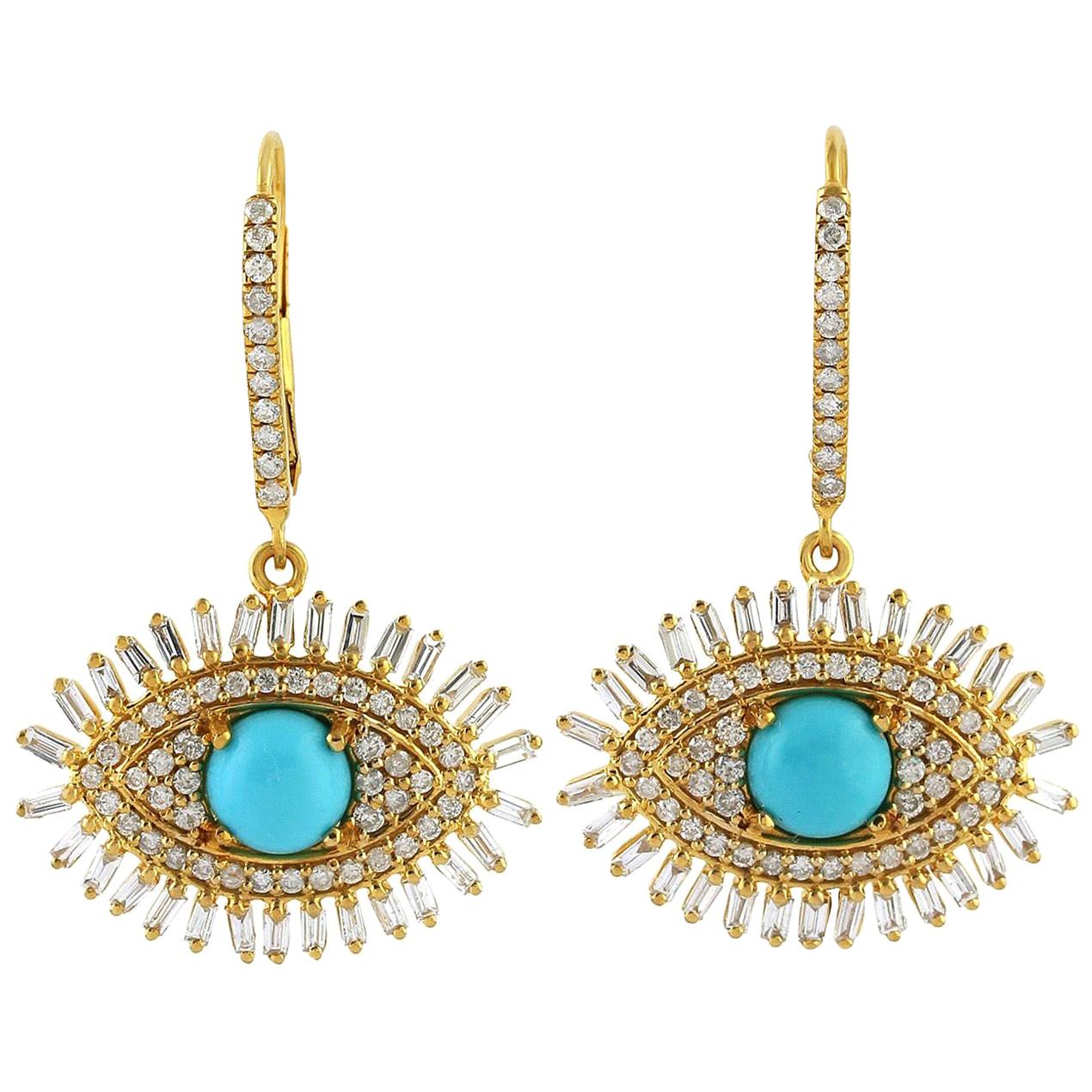 Boucles d'oreilles œil maléfique en or 18 carats avec turquoise de 1,9 carat et diamant