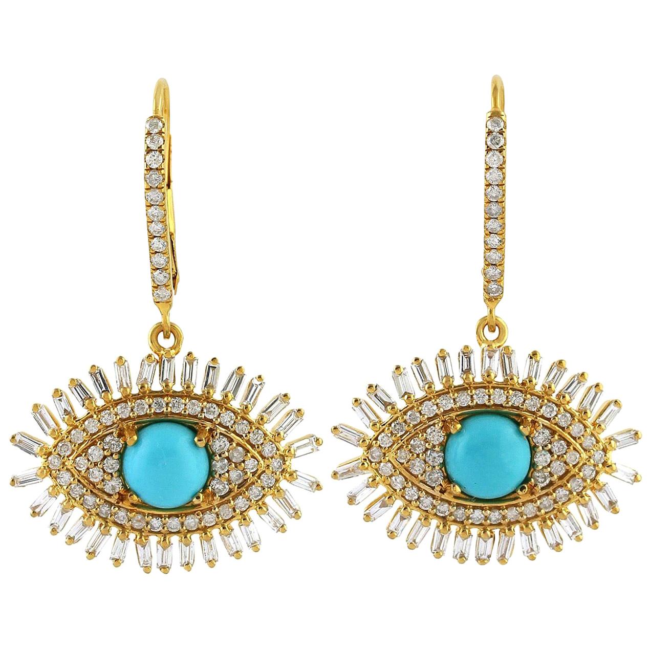1.9 Carat Turquoise Diamond 14 Karat Gold Evil Eye Earrings