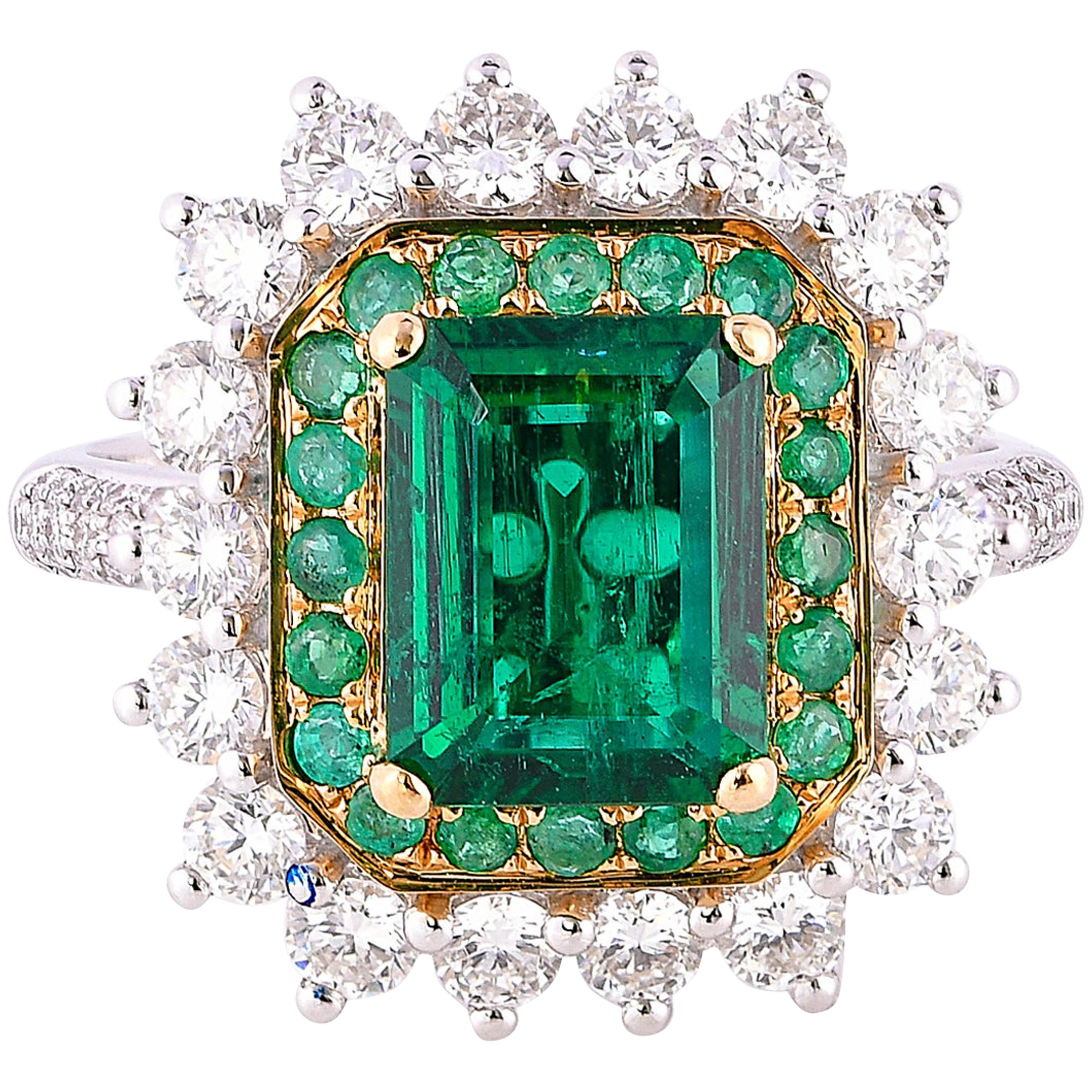 GRS Certified 1.9 Carat Zambian Emerald and Diamond Ring in 18 Karat White Gold For Sale