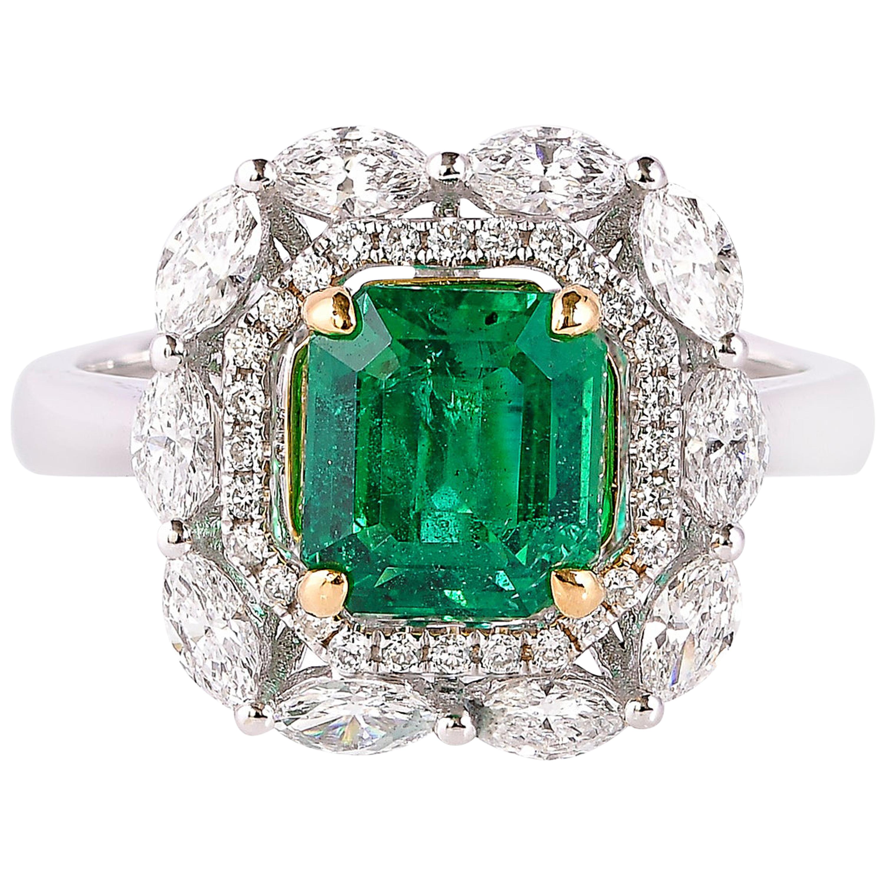GRS Certified 1.9 Carat Zambian Emerald and Diamond Ring in 18 Karat White Gold
