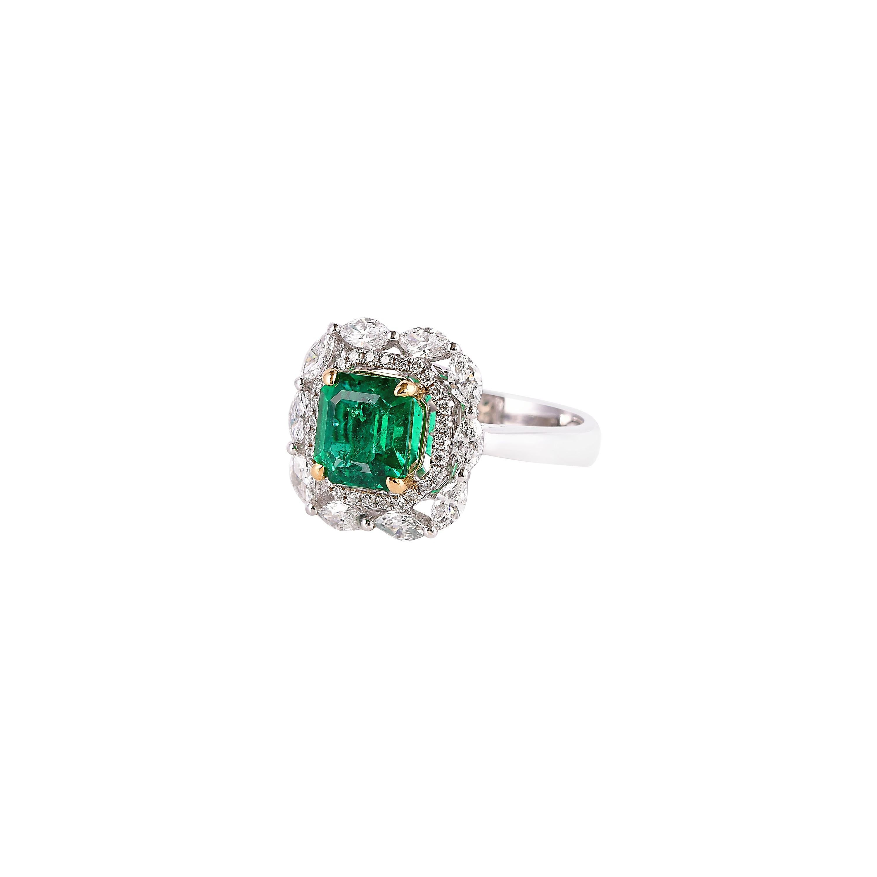 Octagon Cut GRS Certified 1.9 Carat Zambian Emerald and Diamond Ring in 18 Karat White Gold For Sale